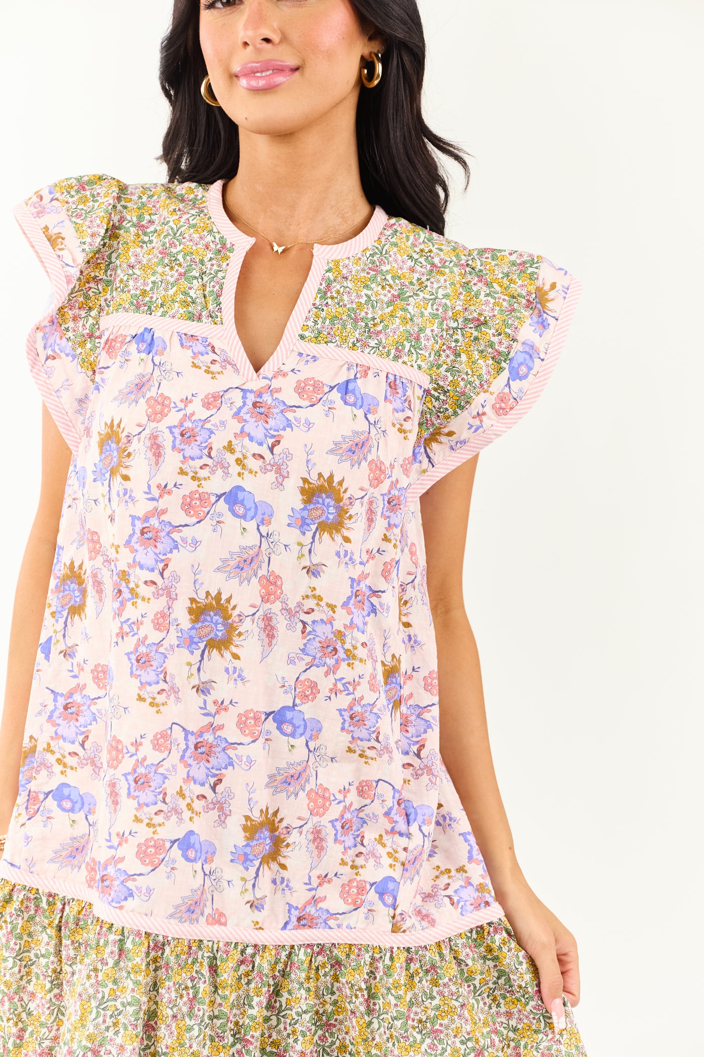 Tea Rose Mixed Floral Print Ruffle Sleeve Mini Dress