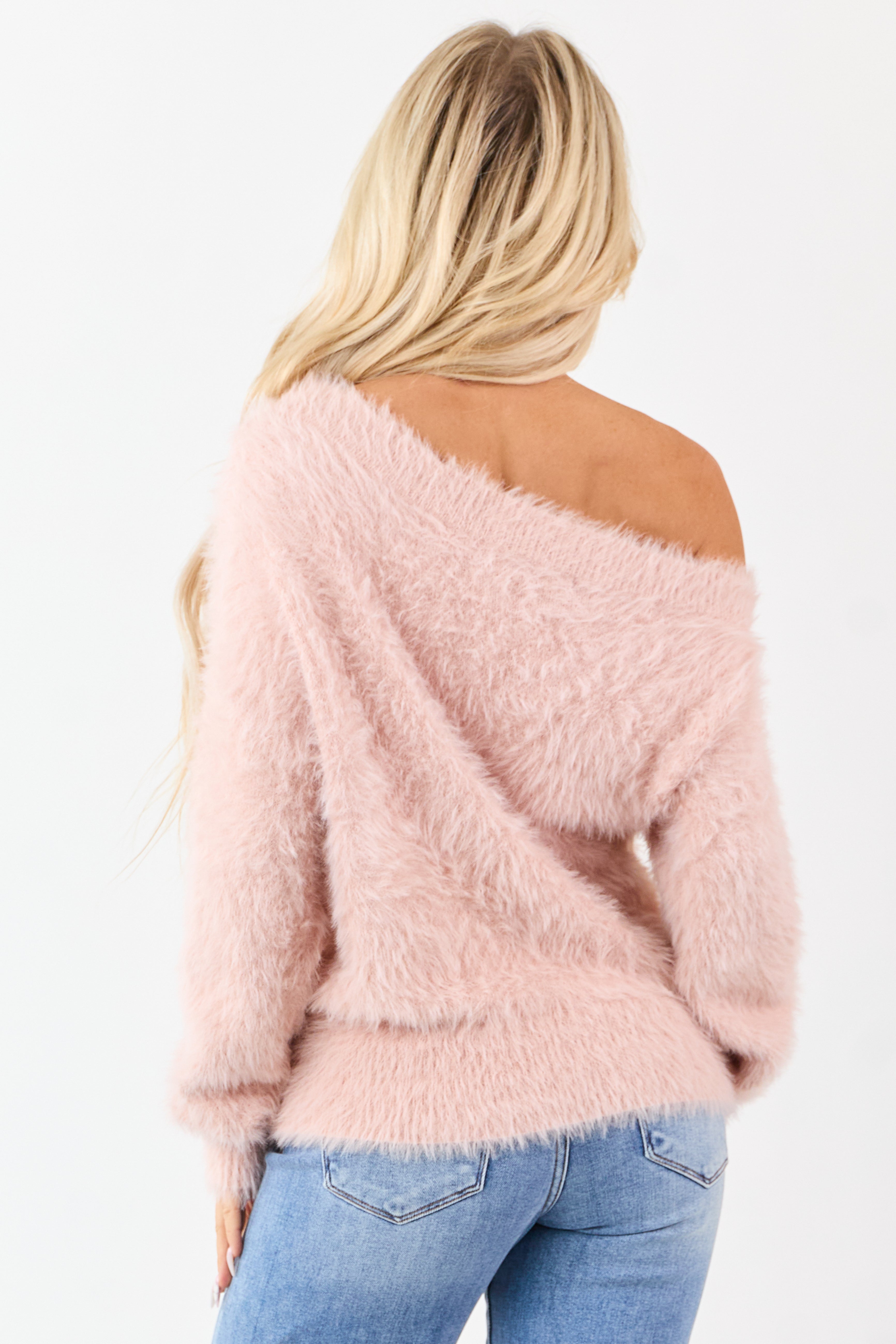Tea Rose Off Shoulder Eyelash Knit Relaxed Sweater