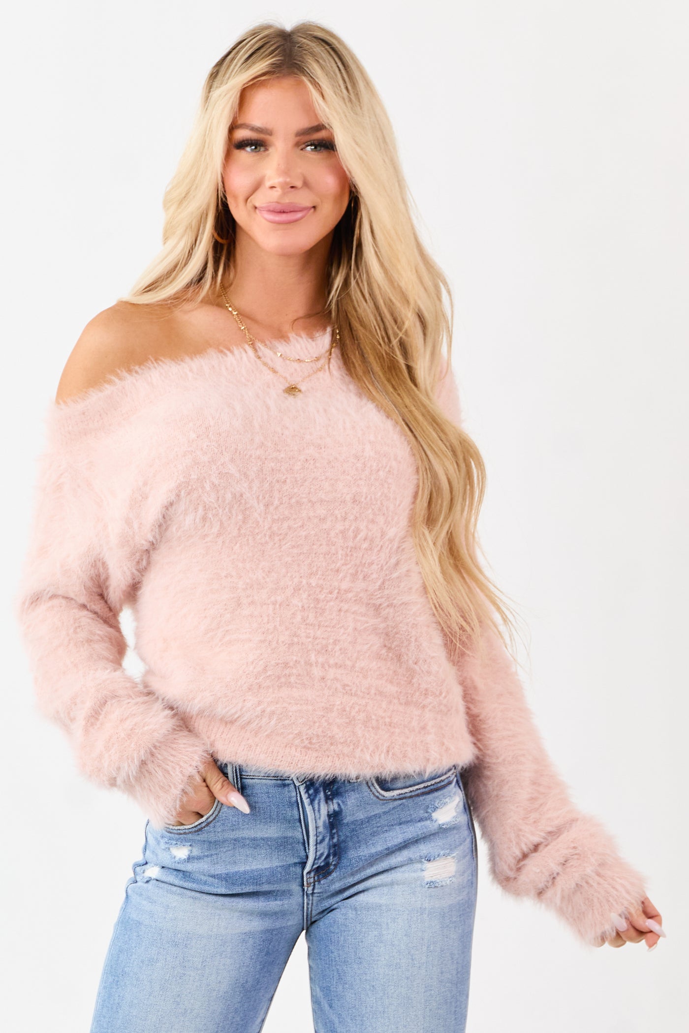 Tea Rose Off Shoulder Eyelash Knit Relaxed Sweater