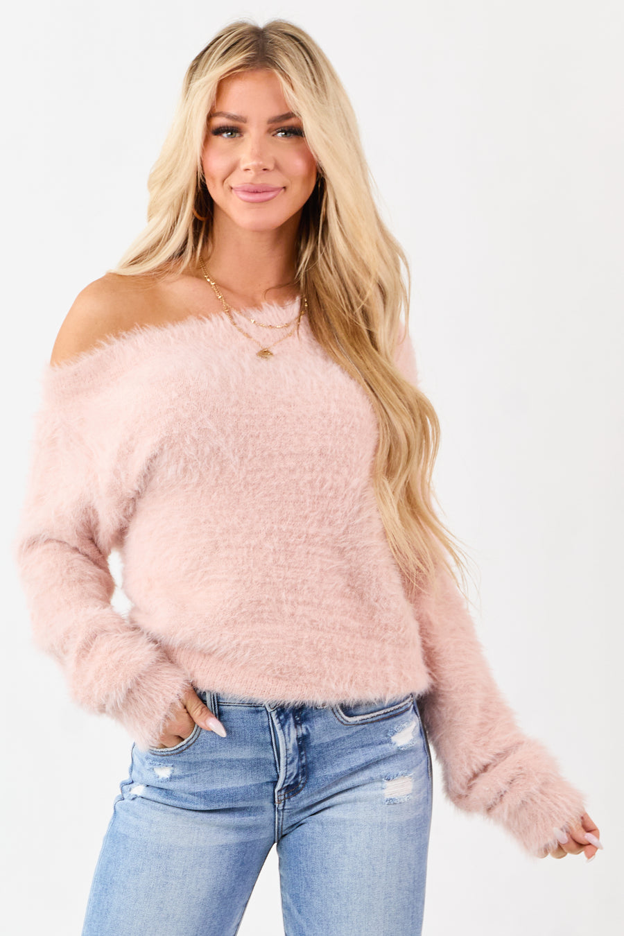 Tea Rose Off Shoulder Eyelash Knit Relaxed Sweater