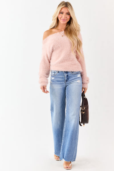 Tea Rose Off Shoulder Eyelash Knit Relaxed Sweater