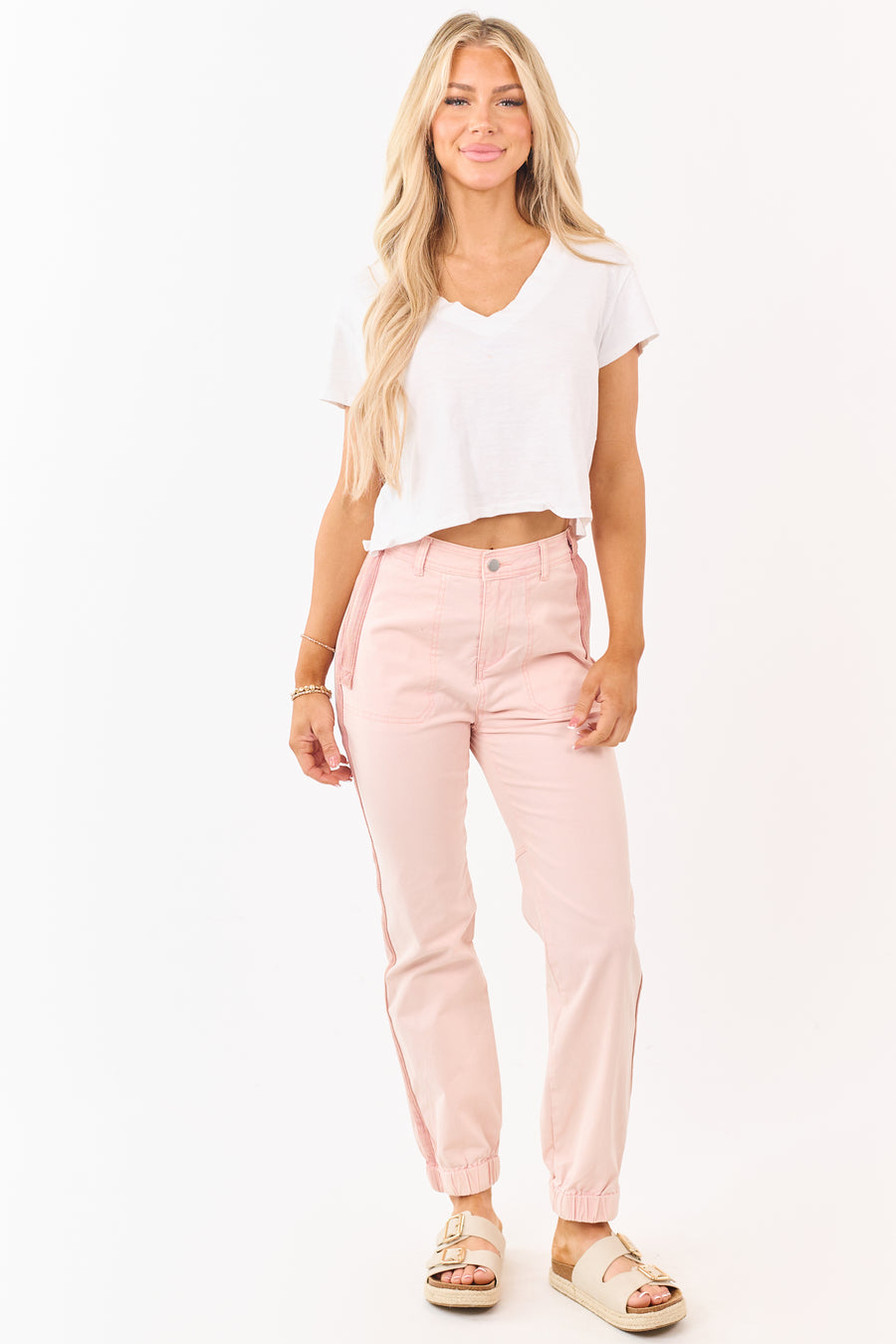 Tea Rose Sideline Contrast Stripe Denim Joggers