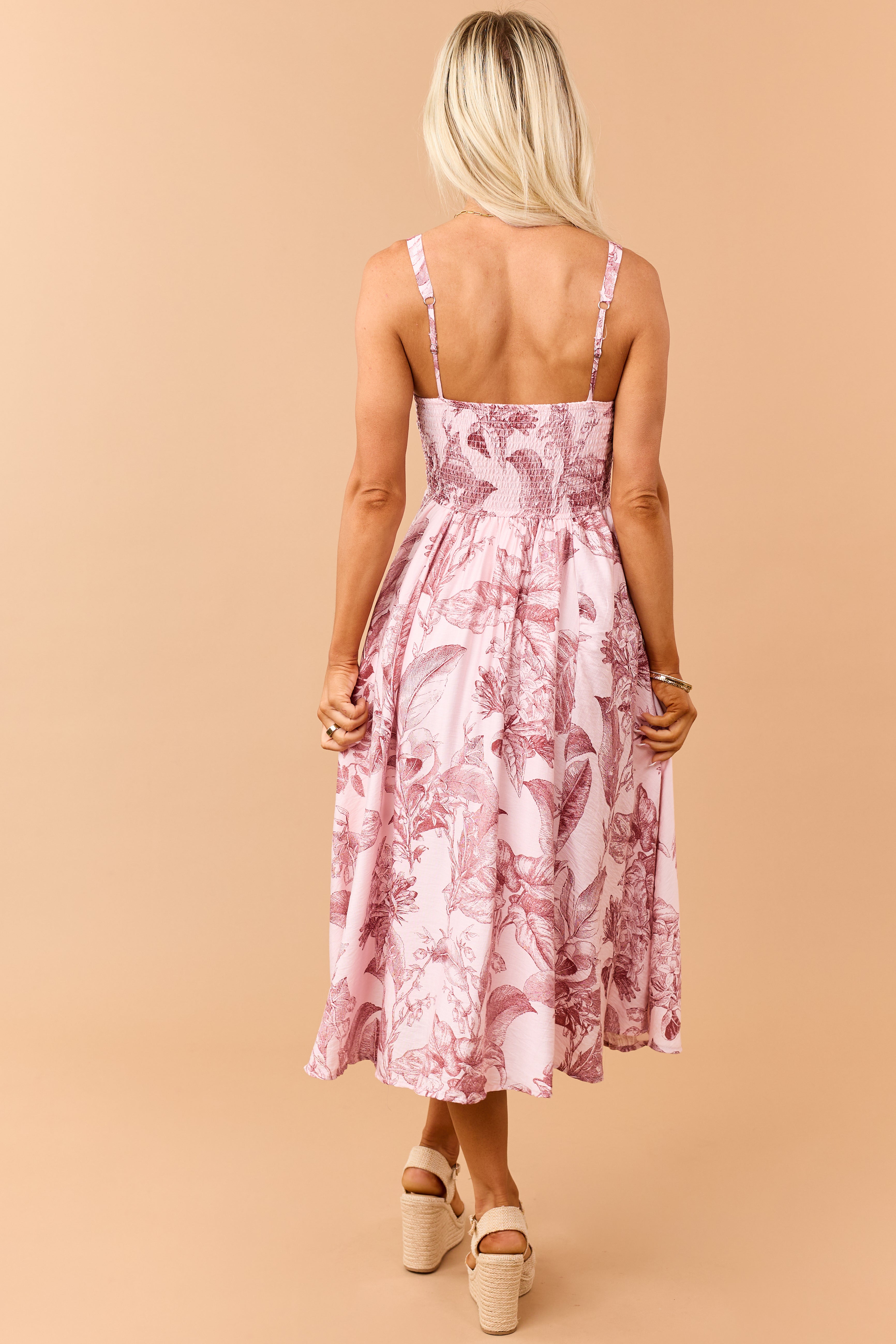 Tea Rose and Cherry Vintage Floral Print Midi Dress