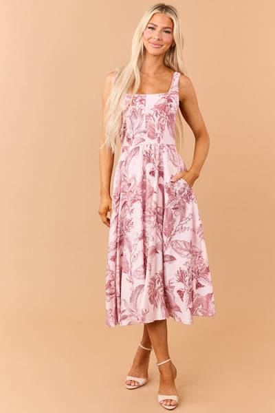 Tea Rose and Cherry Vintage Floral Print Midi Dress