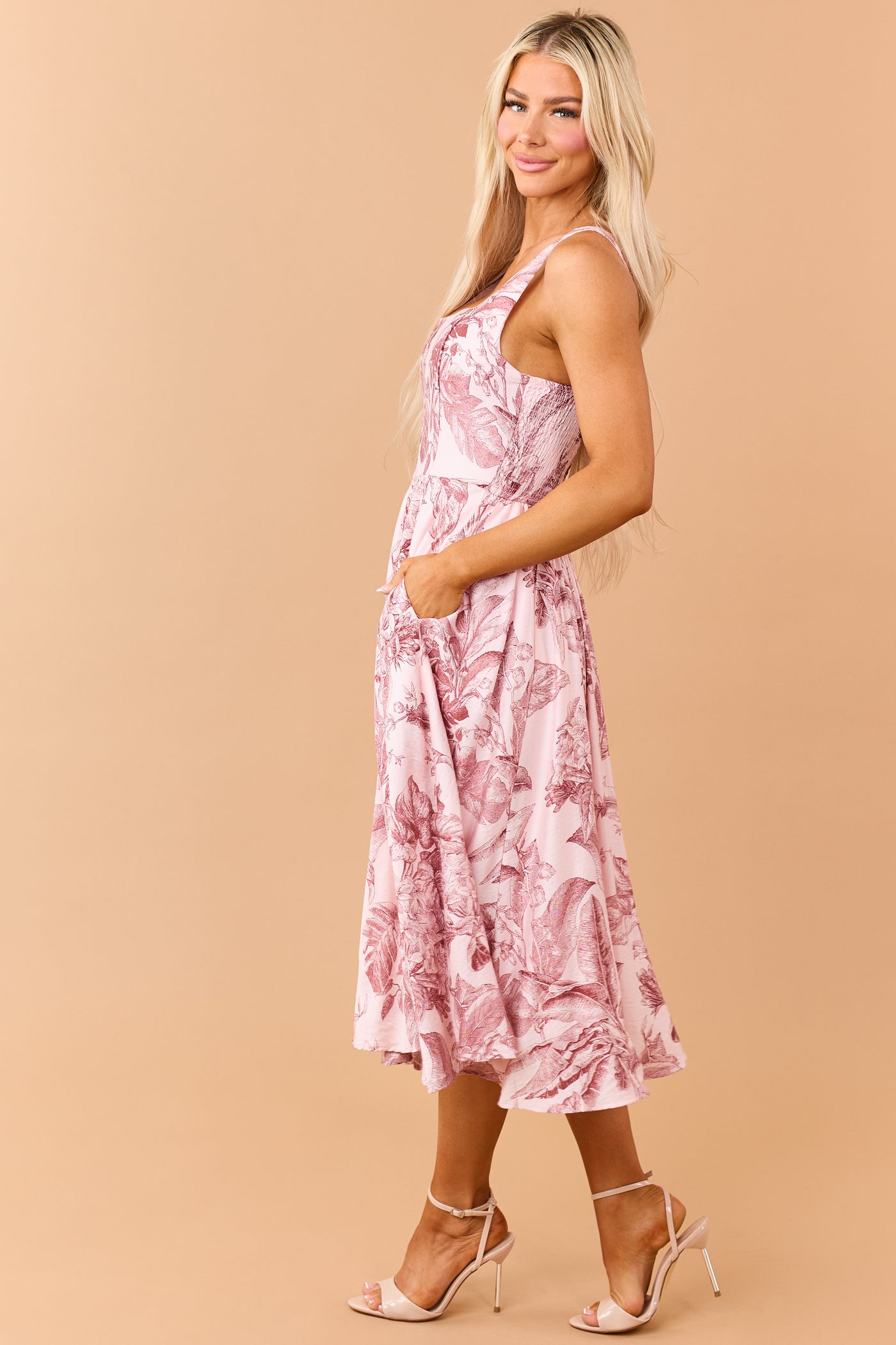 Tea Rose and Cherry Vintage Floral Print Midi Dress
