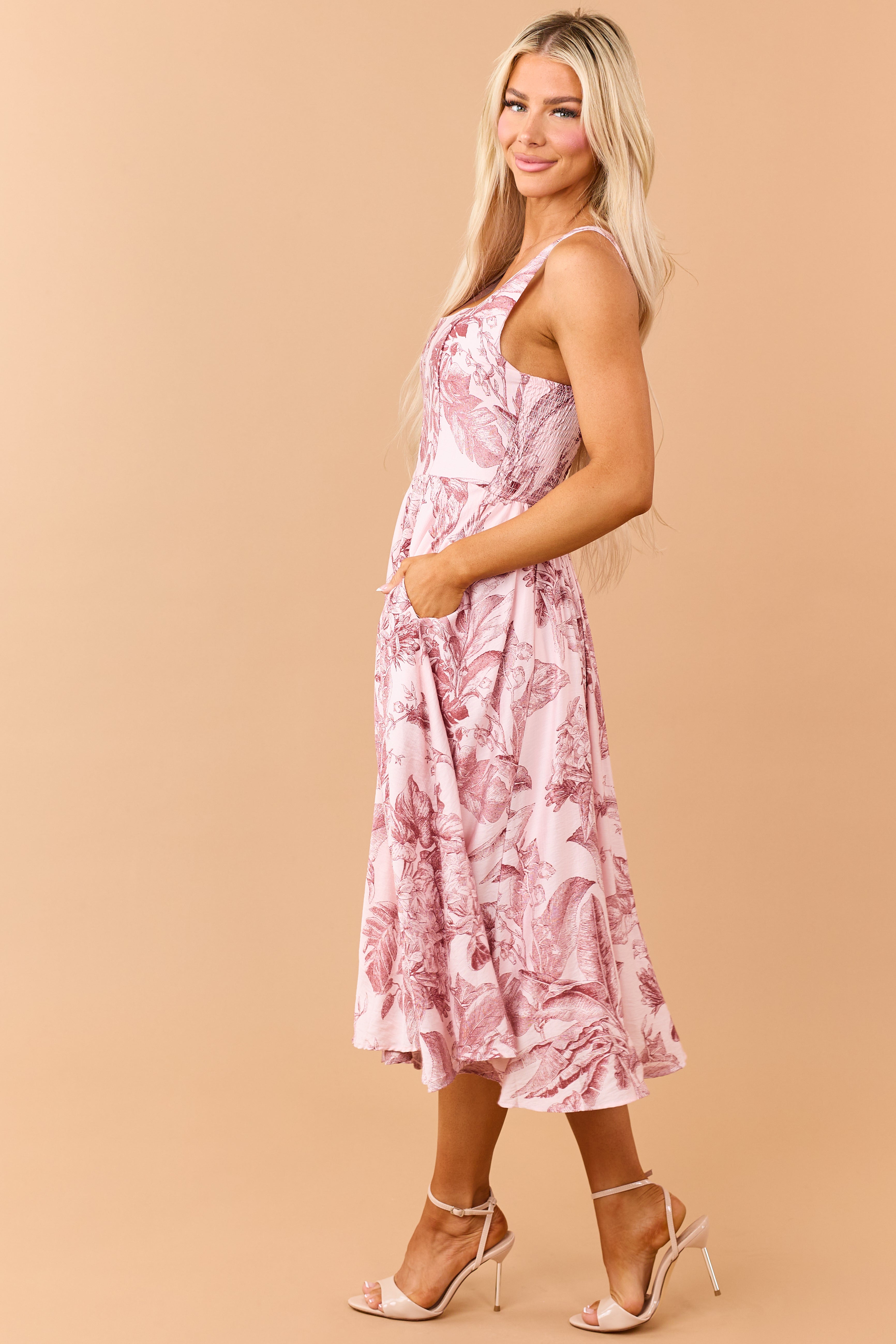 Tea Rose and Cherry Vintage Floral Print Midi Dress
