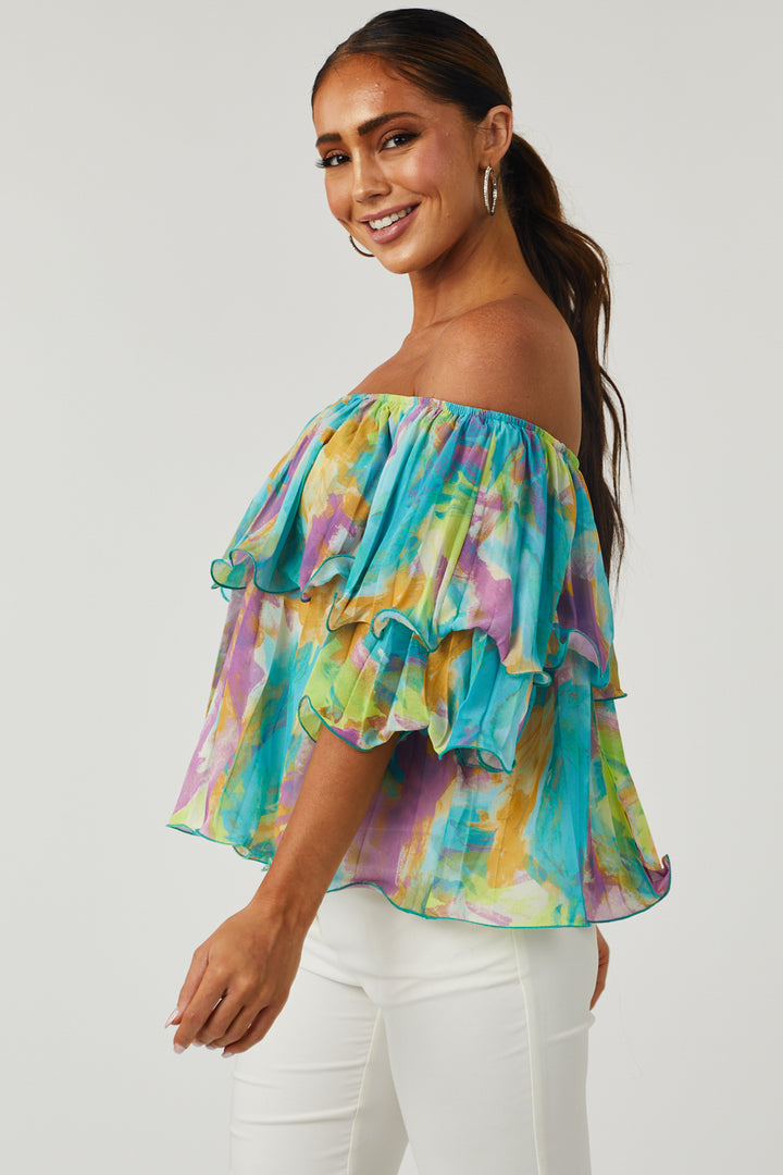 Teal Abstract Print Off Shoulder Pleated Top