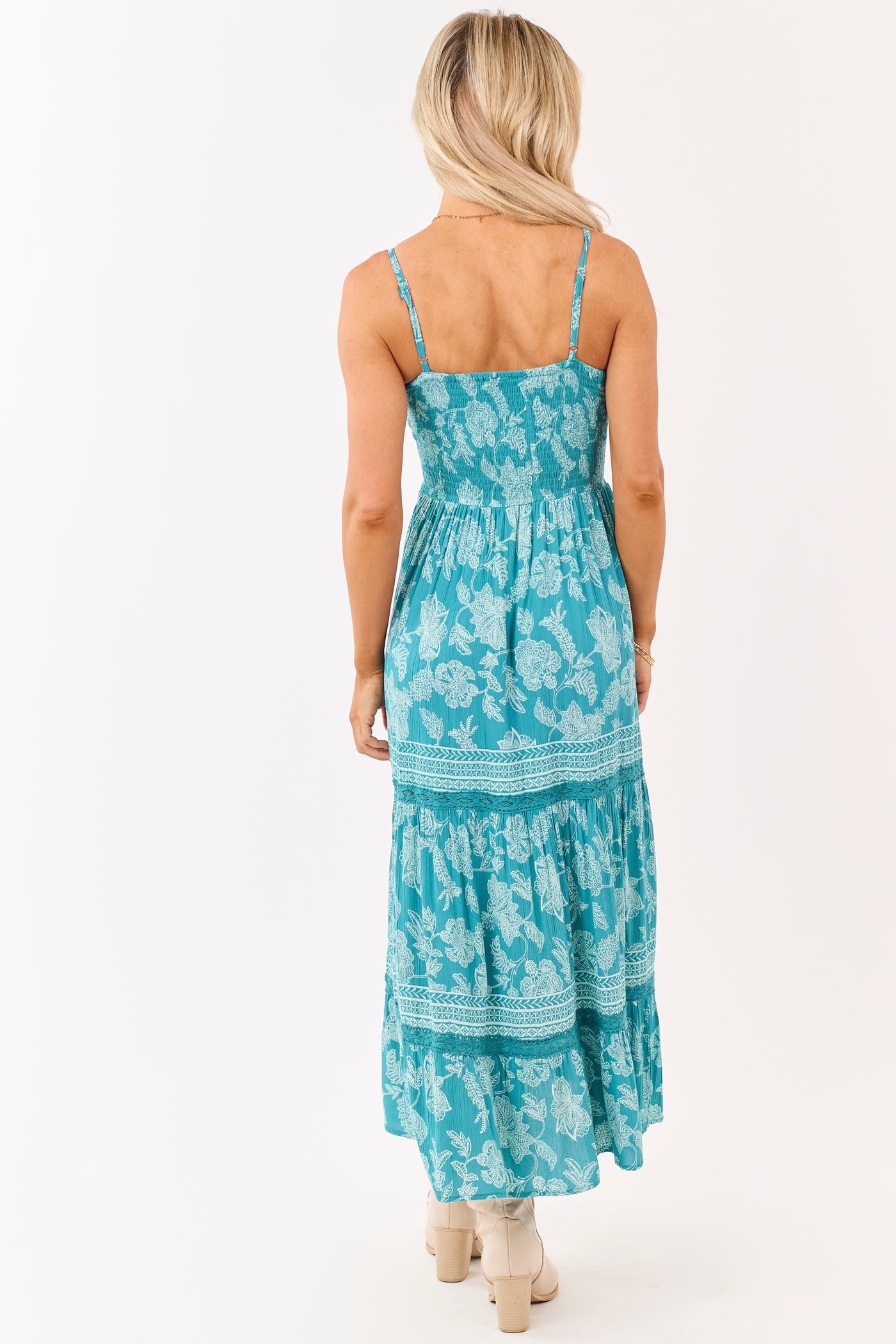 Teal Boho Floral Print Sleeveless Maxi Dress