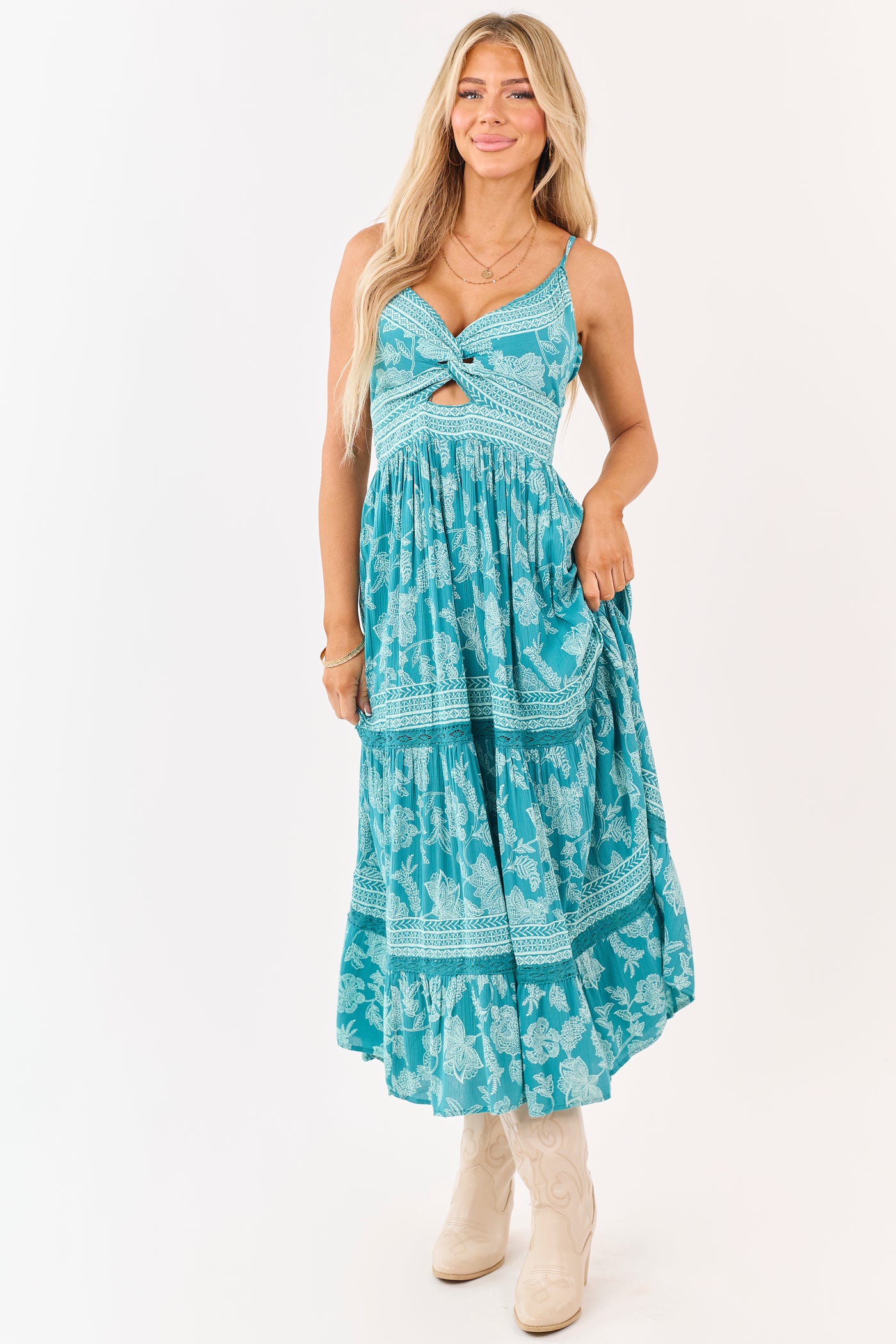 Teal Boho Floral Print Sleeveless Maxi Dress