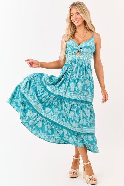 Teal Boho Floral Print Sleeveless Maxi Dress