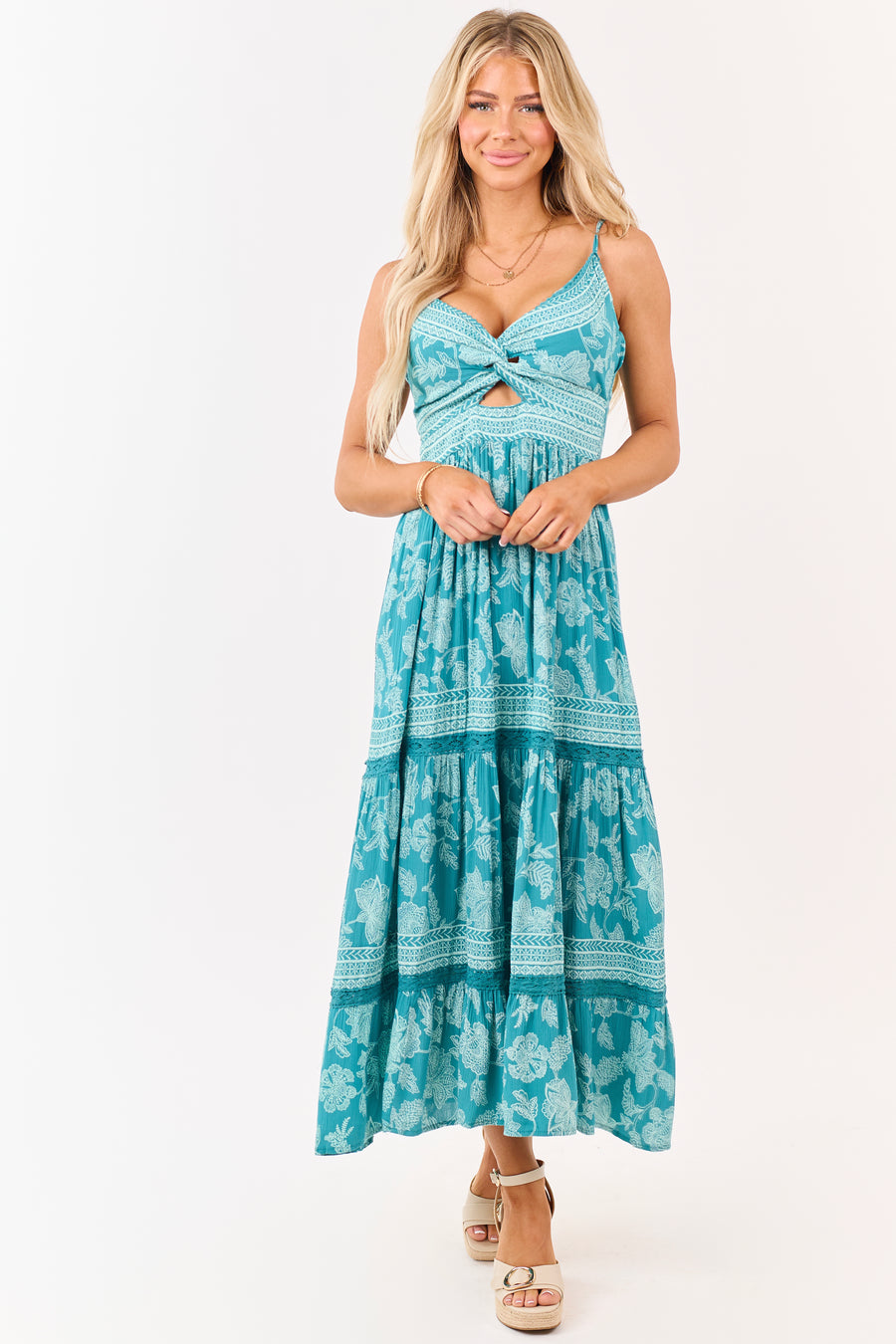 Teal Boho Floral Print Sleeveless Maxi Dress