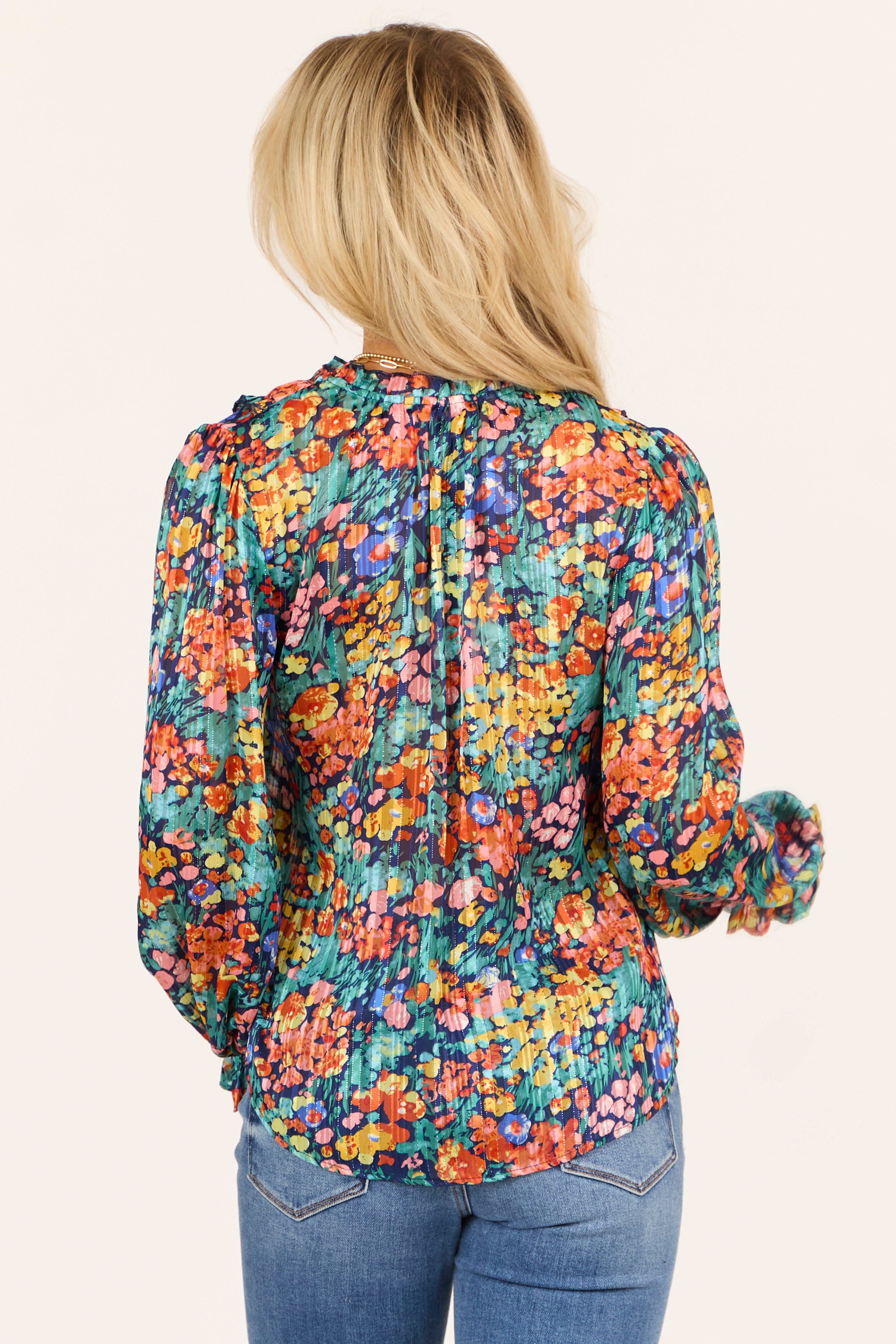 Teal Colorful Floral Lurex Frill V Neck Blouse
