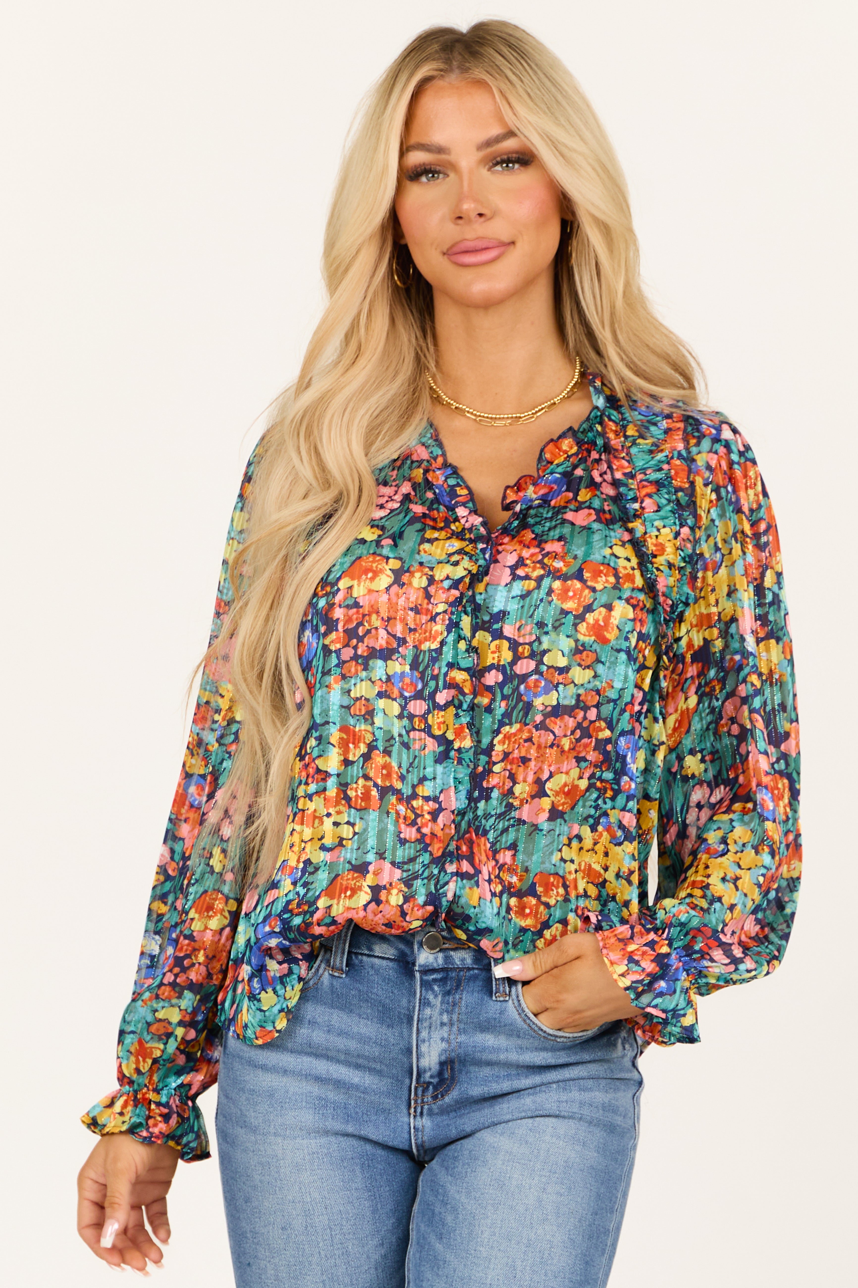 Teal Colorful Floral Lurex Frill V Neck Blouse