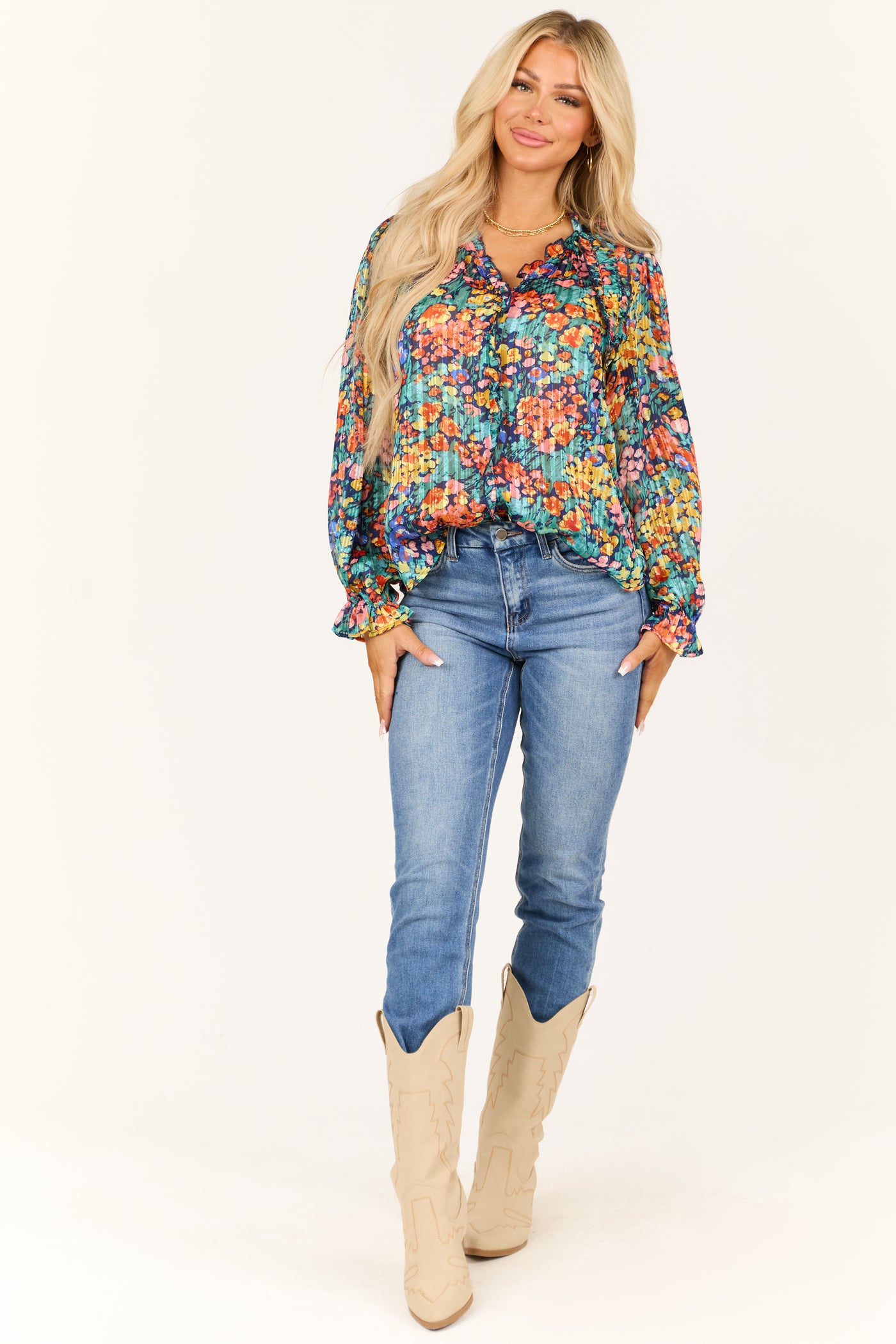 Teal Colorful Floral Lurex Frill V Neck Blouse