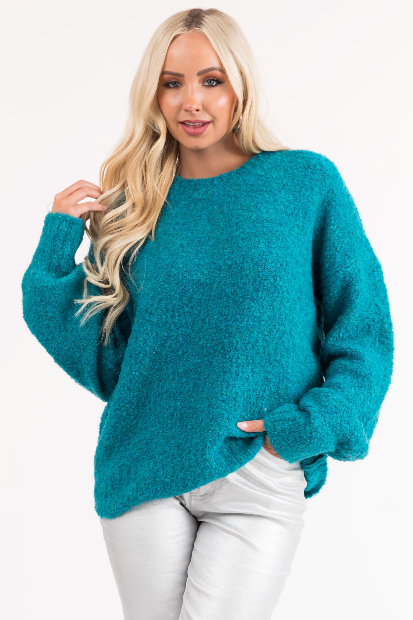 Teal Fuzzy Knit Cozy Bubble Sleeve Sweater