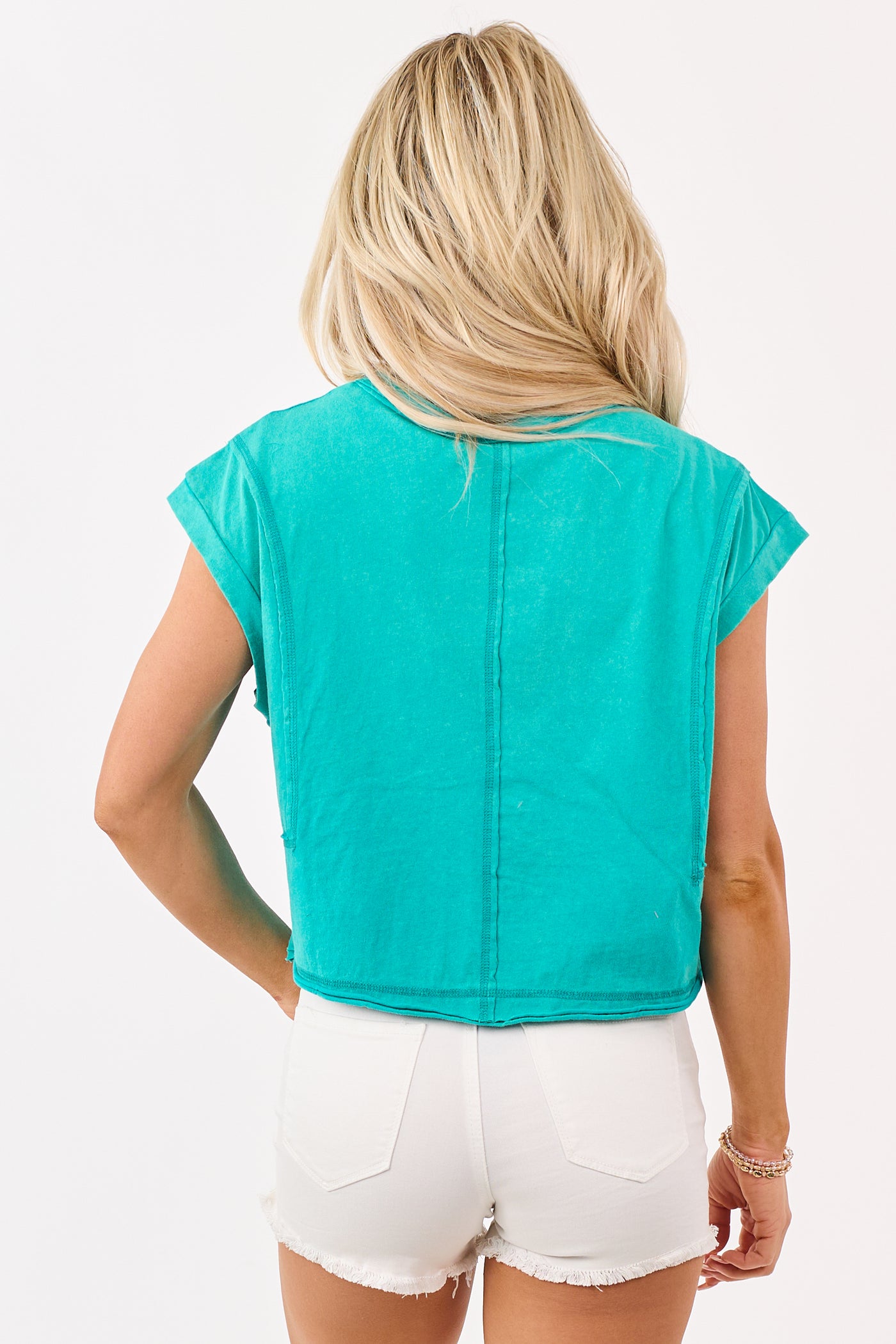 Teal Mineral Wash Cotton Exposed Seam Boxy Top