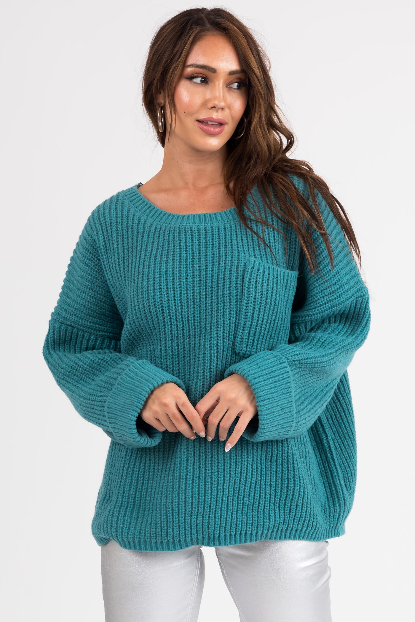 Teal Oversized Chest Pocket Cozy Sweater