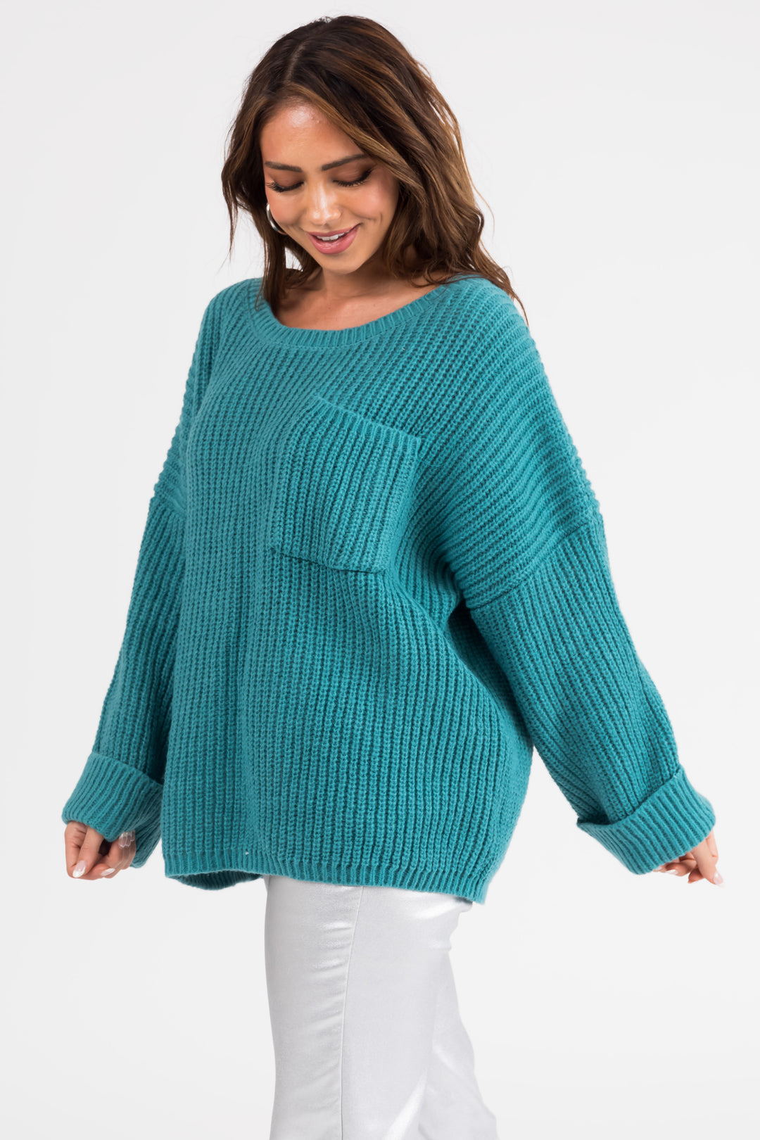 Teal Oversized Chest Pocket Cozy Sweater & Lime Lush