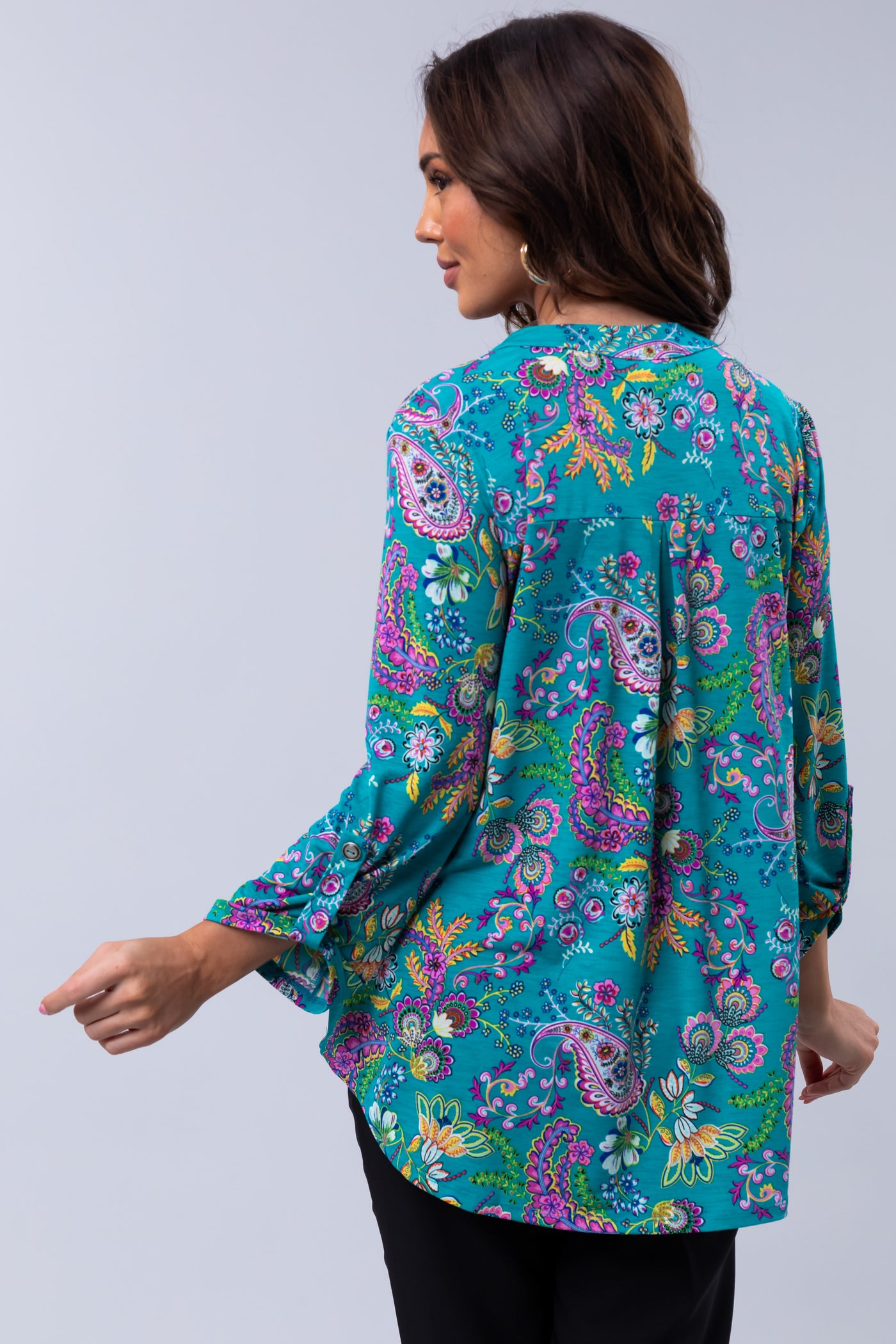 Teal Paisley Print 3/4 Sleeve Blouse