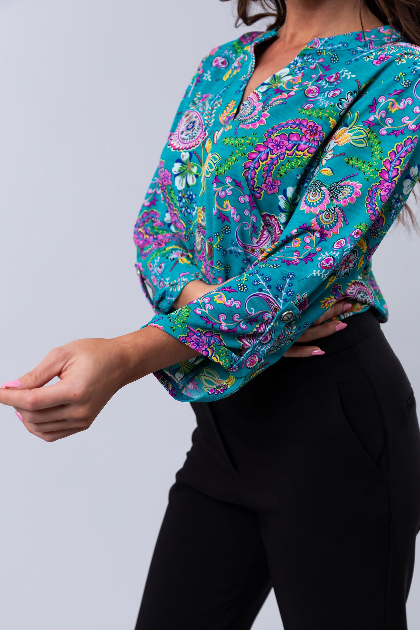 Teal Paisley Print 3/4 Sleeve Blouse