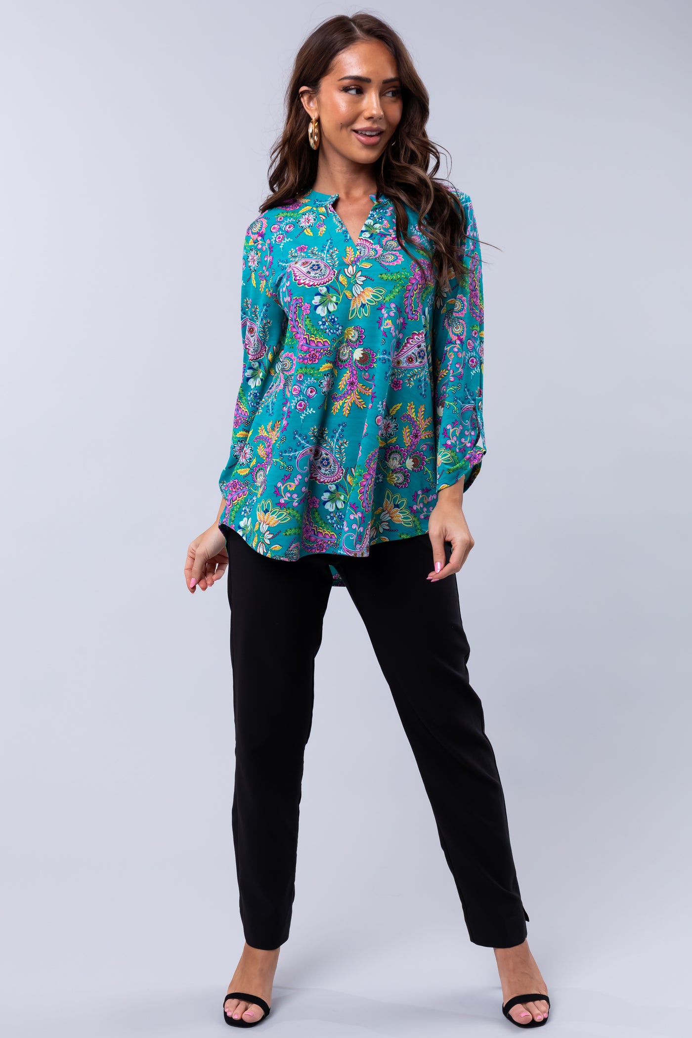 Teal Paisley Print 3/4 Sleeve Blouse