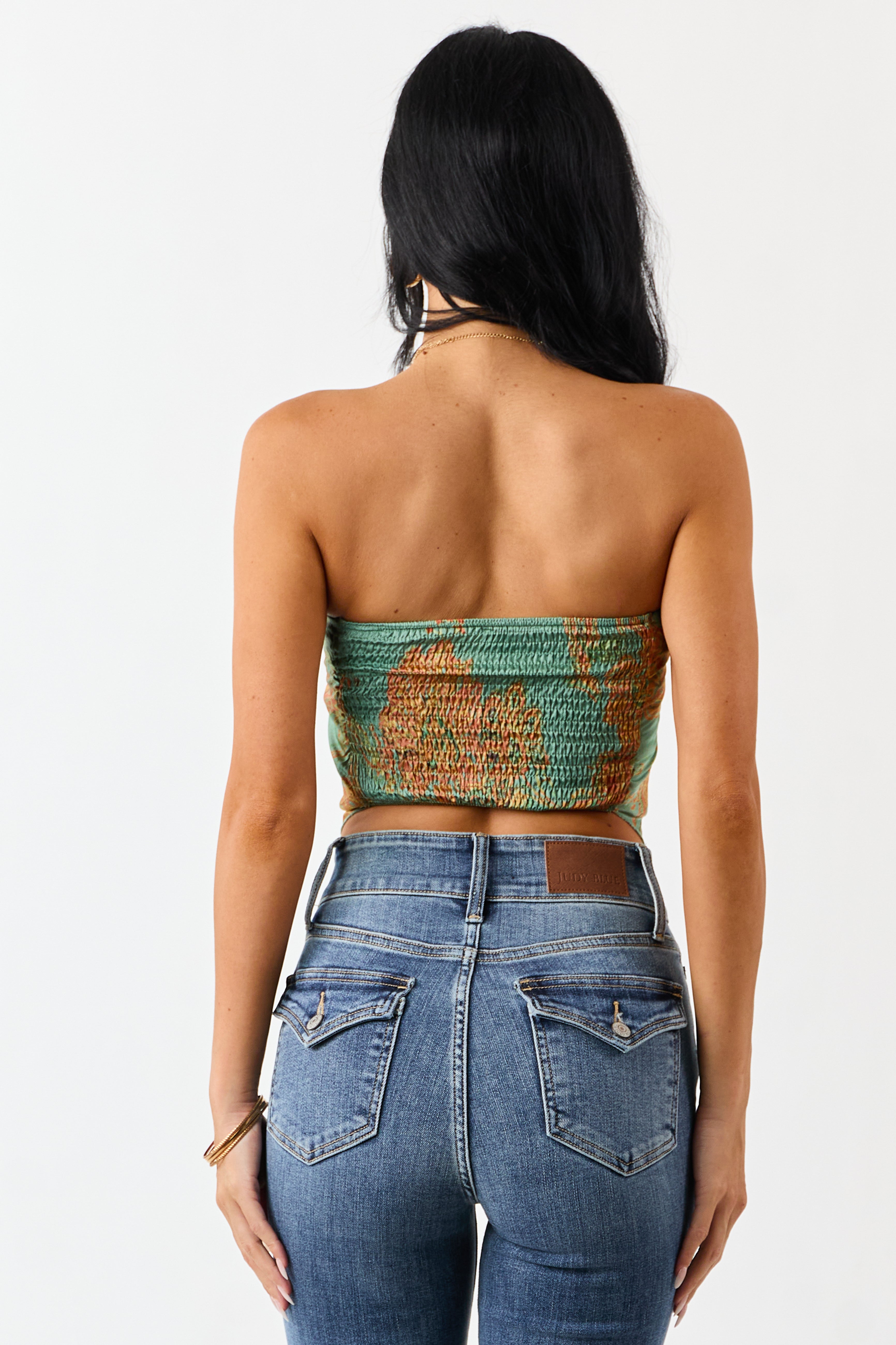 Teal Paisley Satin Bandana Smocked Strapless Top