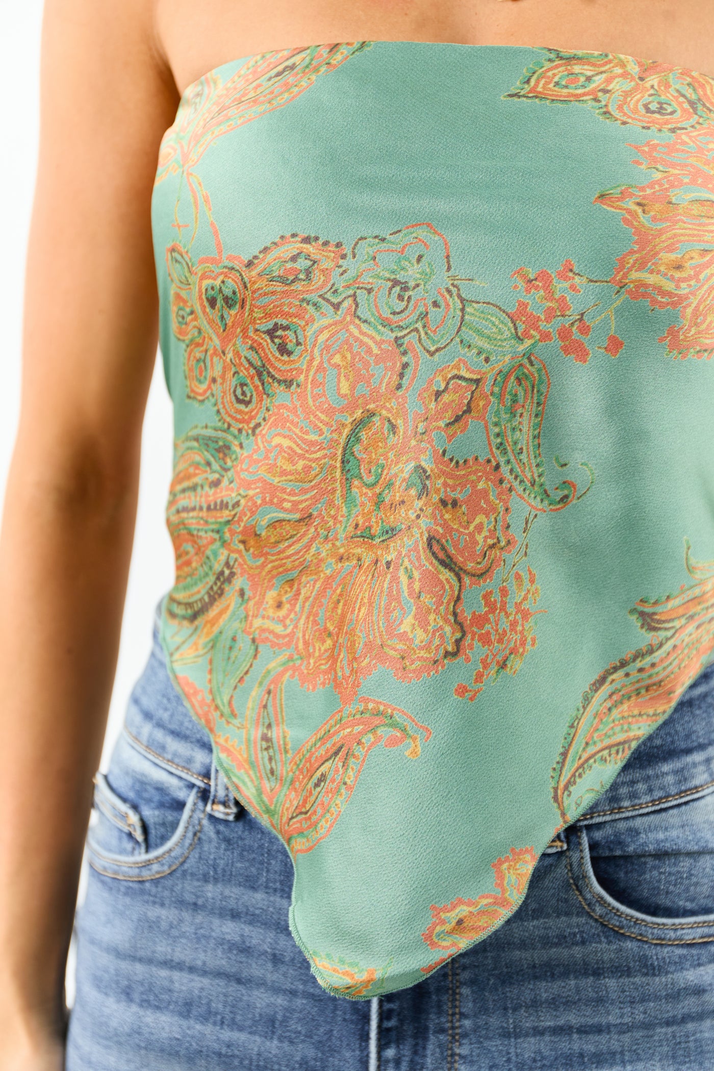 Teal Paisley Satin Bandana Smocked Strapless Top