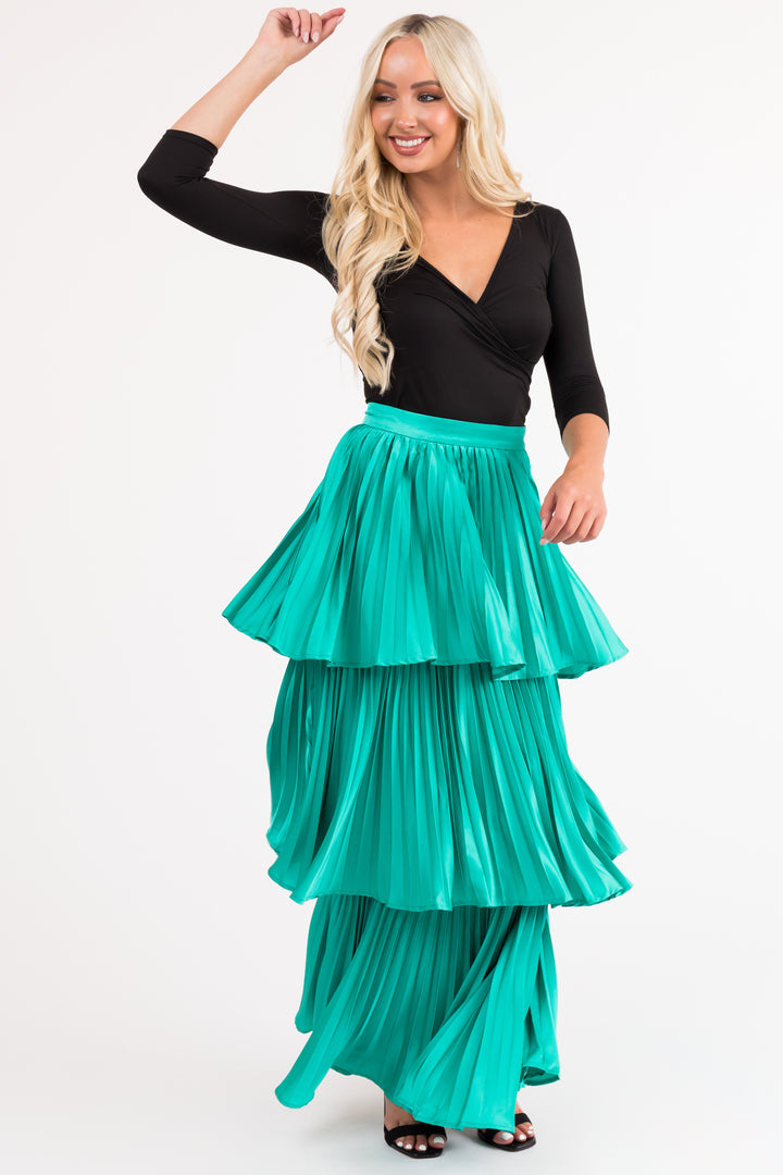 Flying Tomato Teal Pleated Ruffle Layered Maxi Skirt