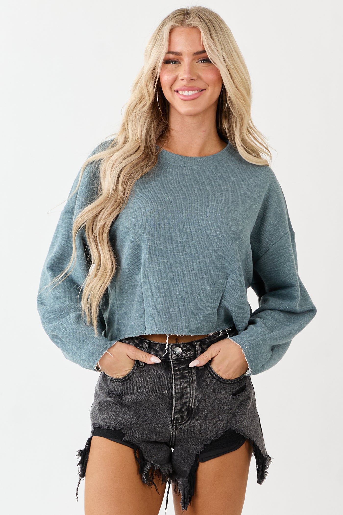 Teal Pulled Seam Relaxed Sweatshirt Style Top