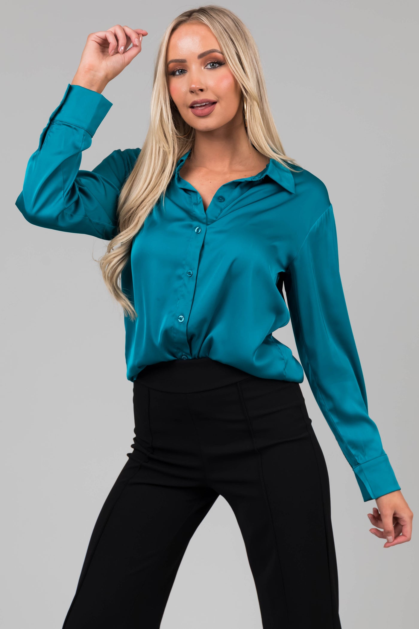 Teal Satin Button Front Collared Shirt