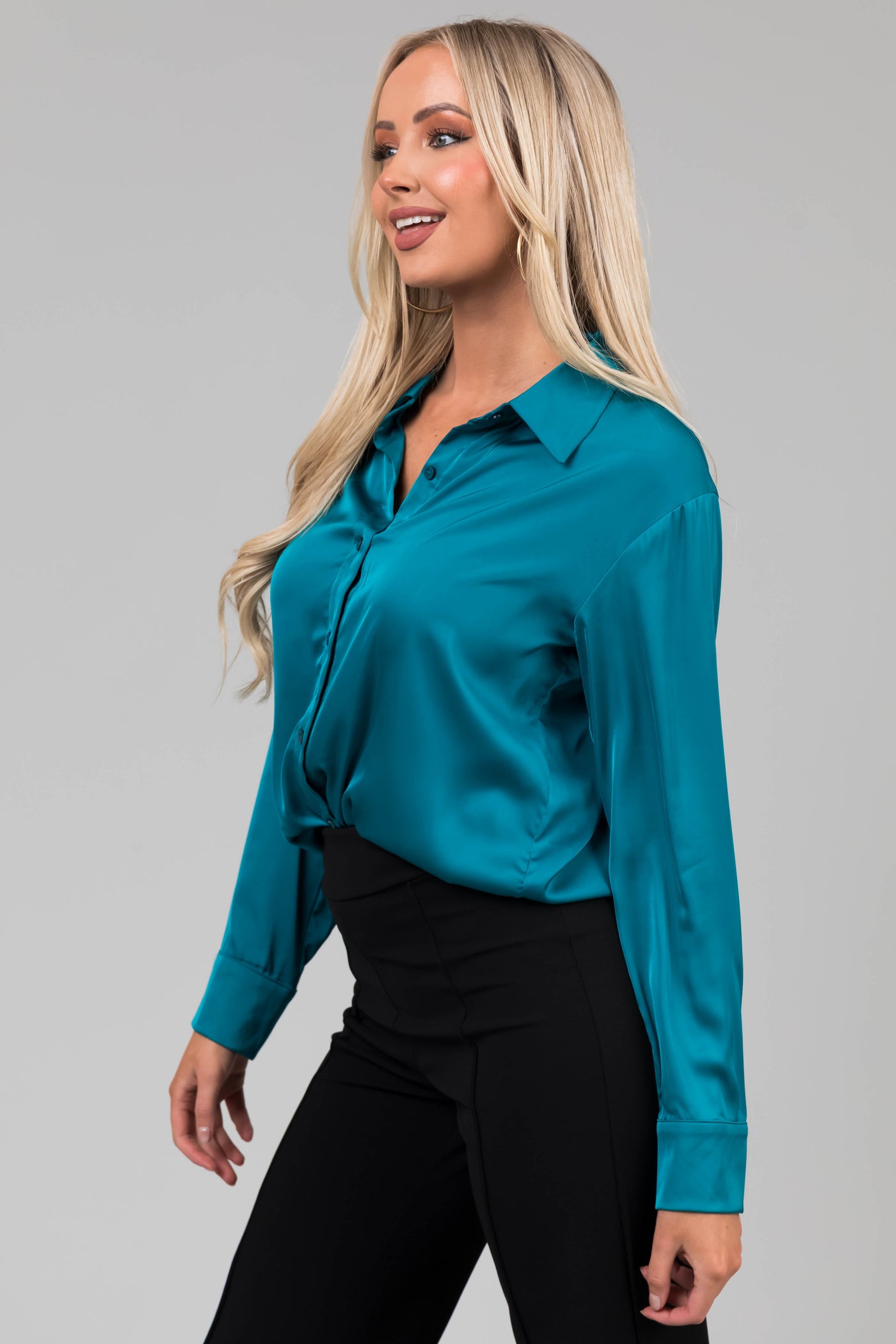 Teal Satin Button Front Collared Shirt