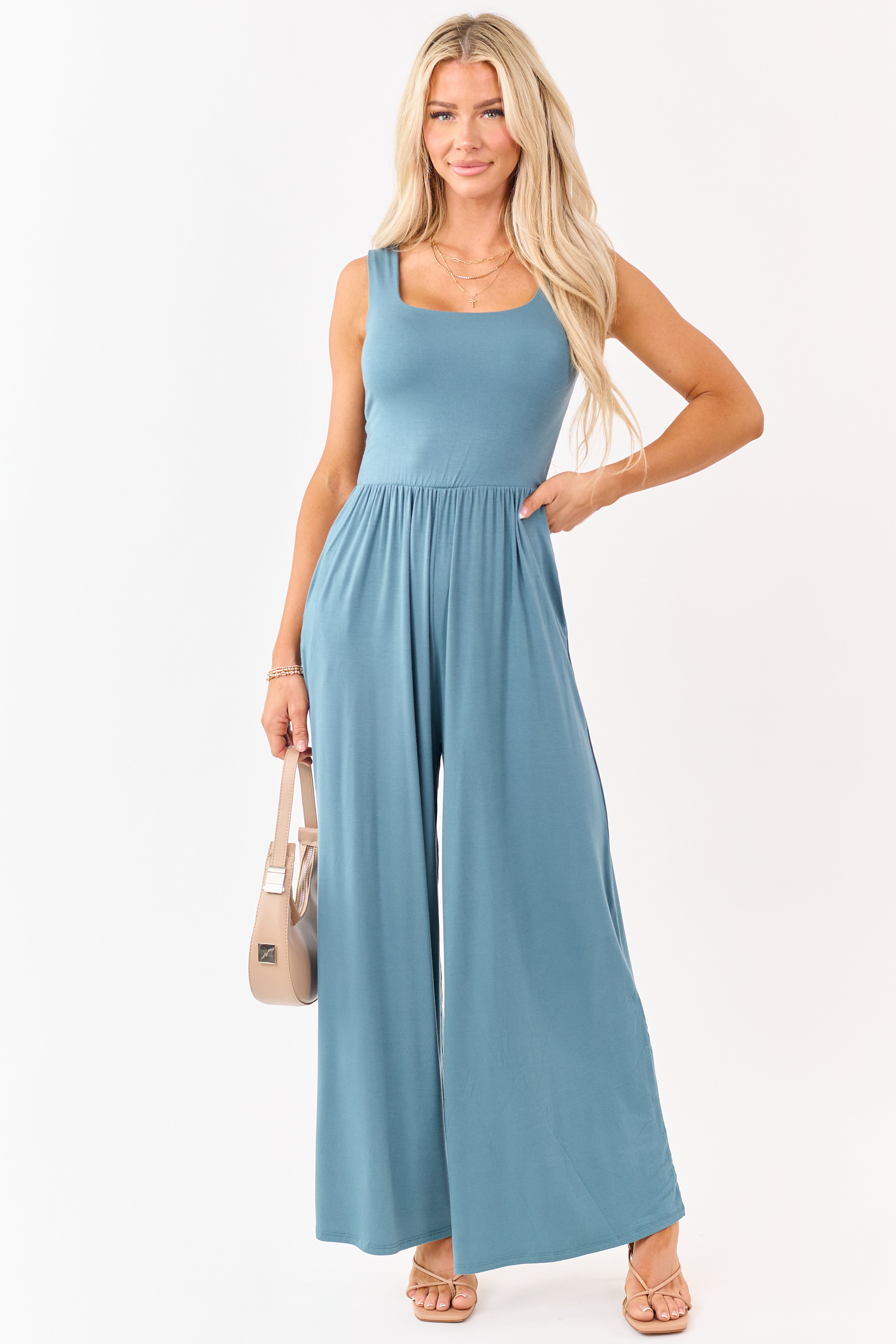 Teal Sleeveless Wide Leg Soft Knit Jumpsuit