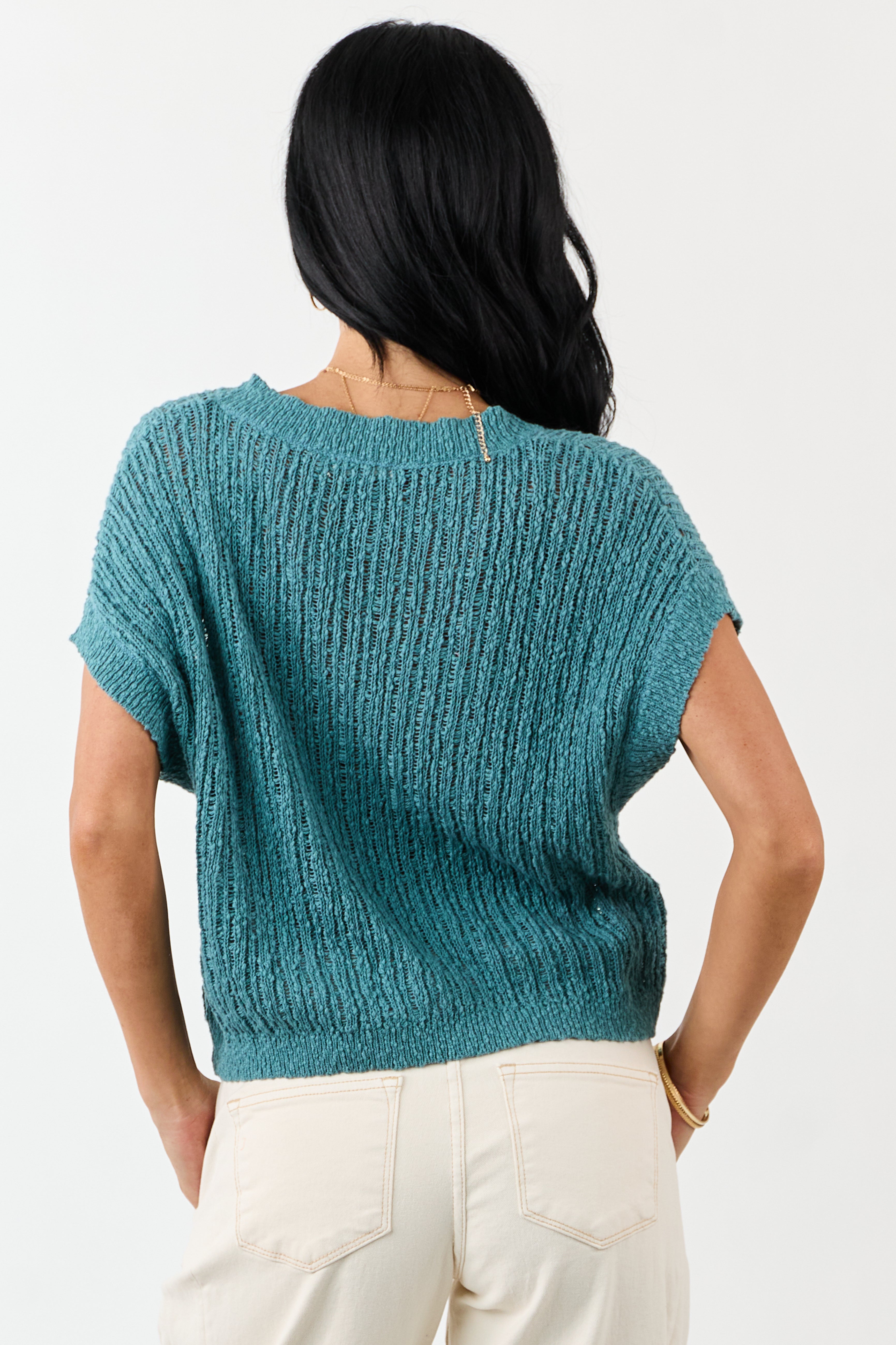 Teal V Neck Short Sleeve Cotton Sweater Top