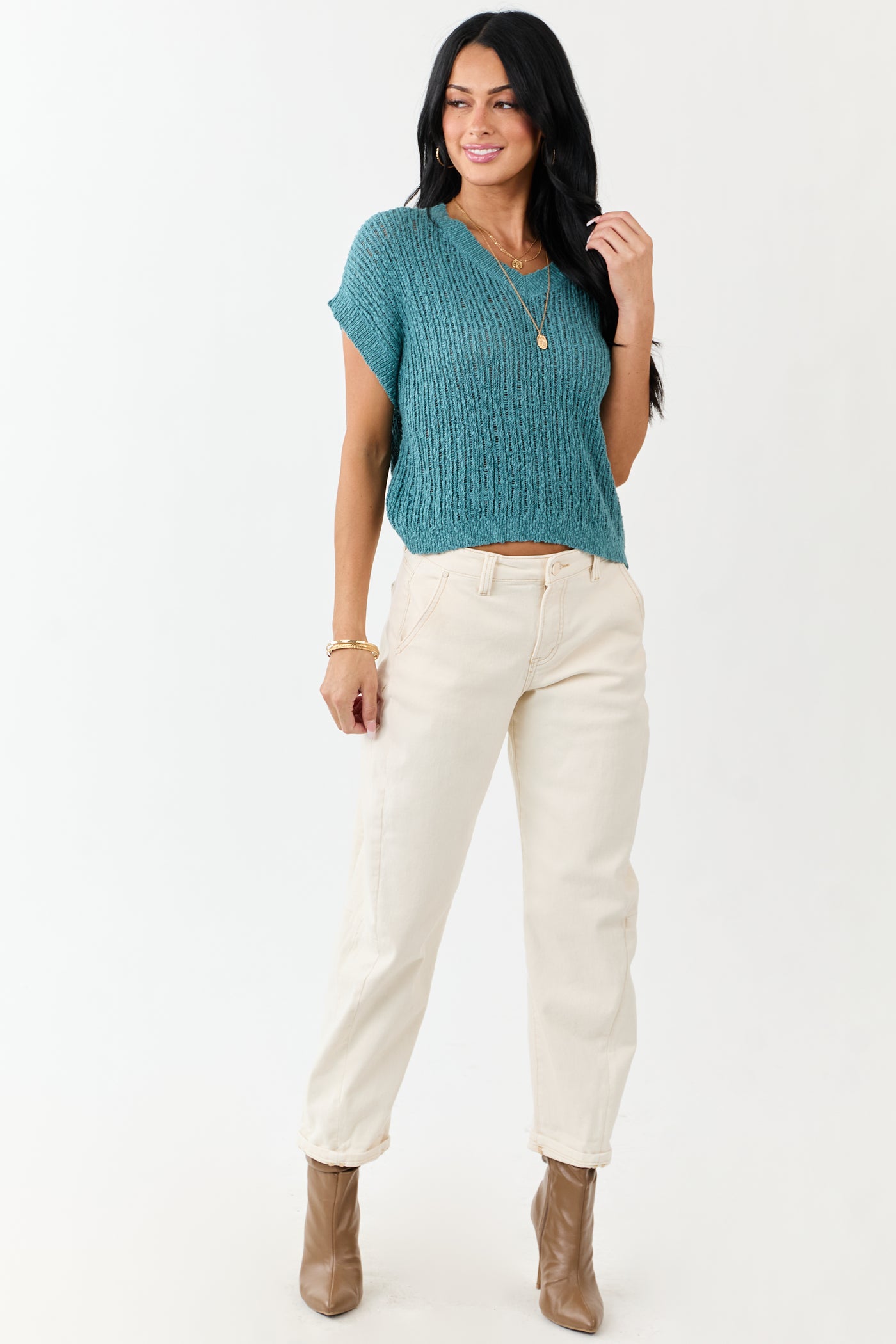 Teal V Neck Short Sleeve Cotton Sweater Top
