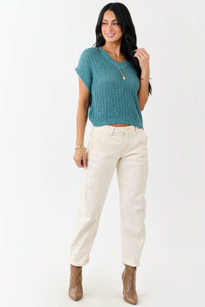 Teal V Neck Short Sleeve Cotton Sweater Top