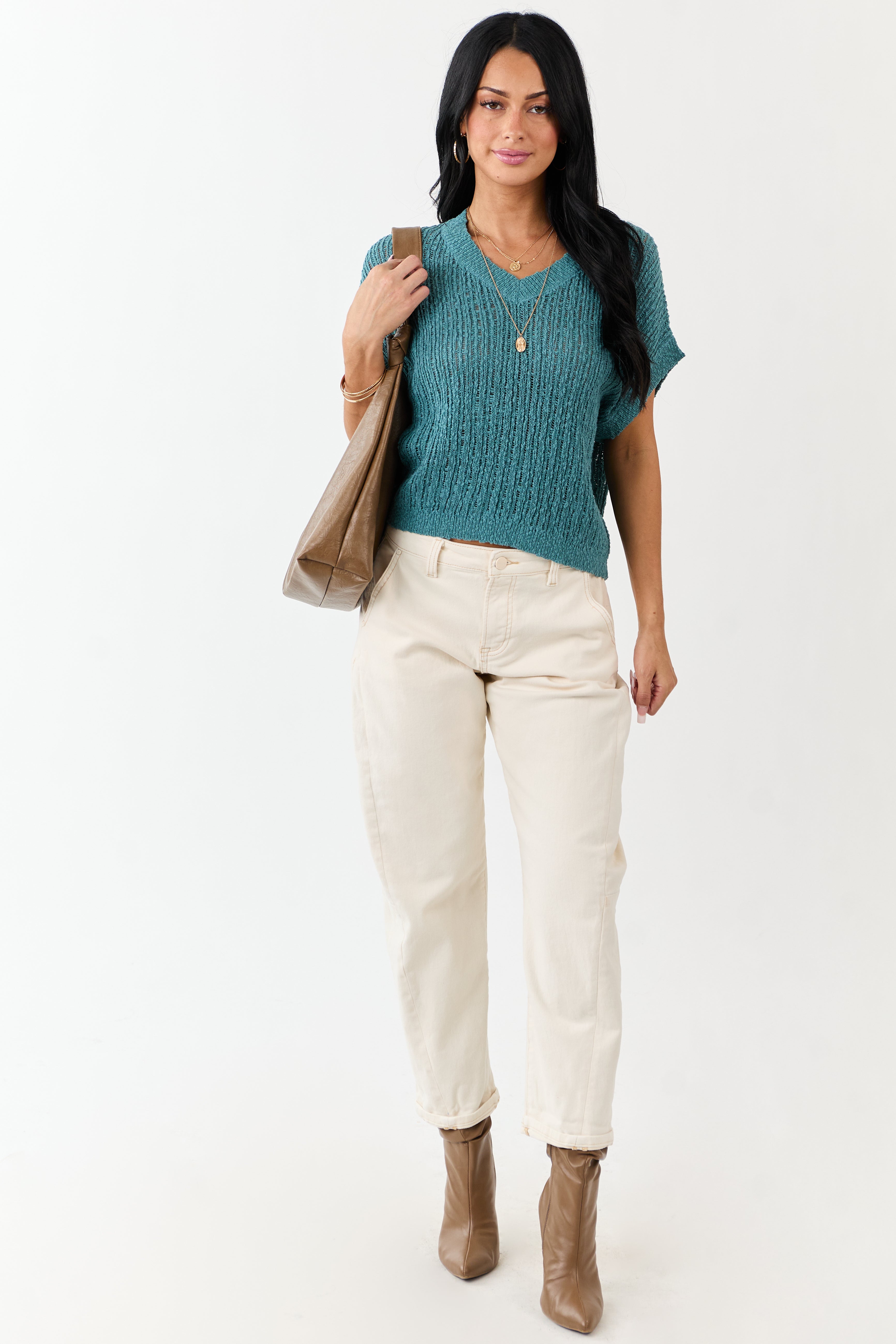Teal V Neck Short Sleeve Cotton Sweater Top