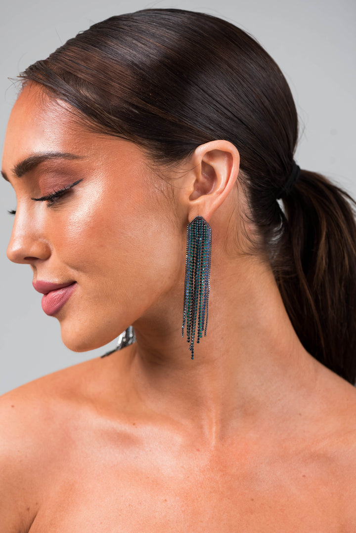 Teal and Graphite Rhinestone Fringe Earrings