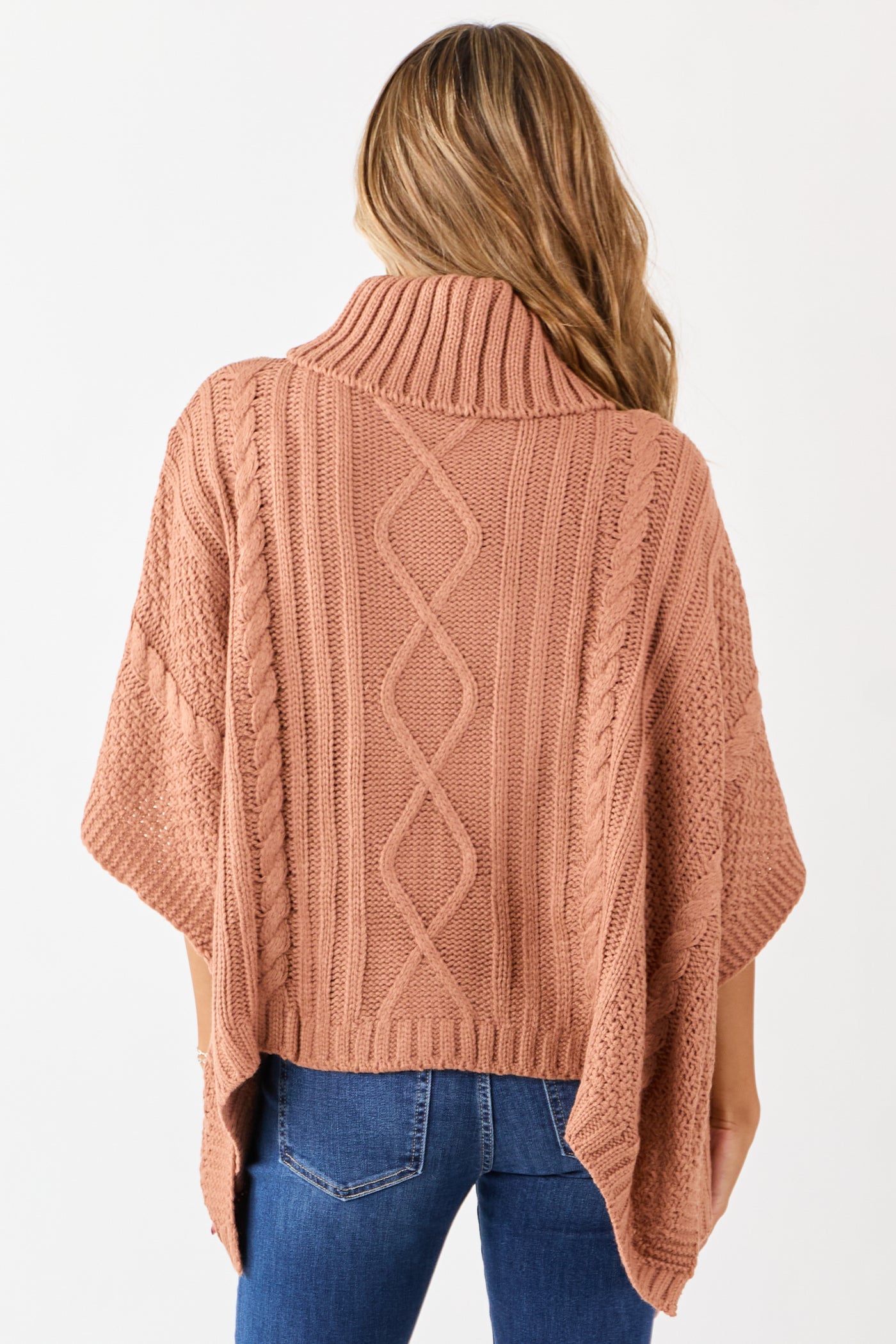 Terracotta Cable Knit Turtleneck Sweater Poncho