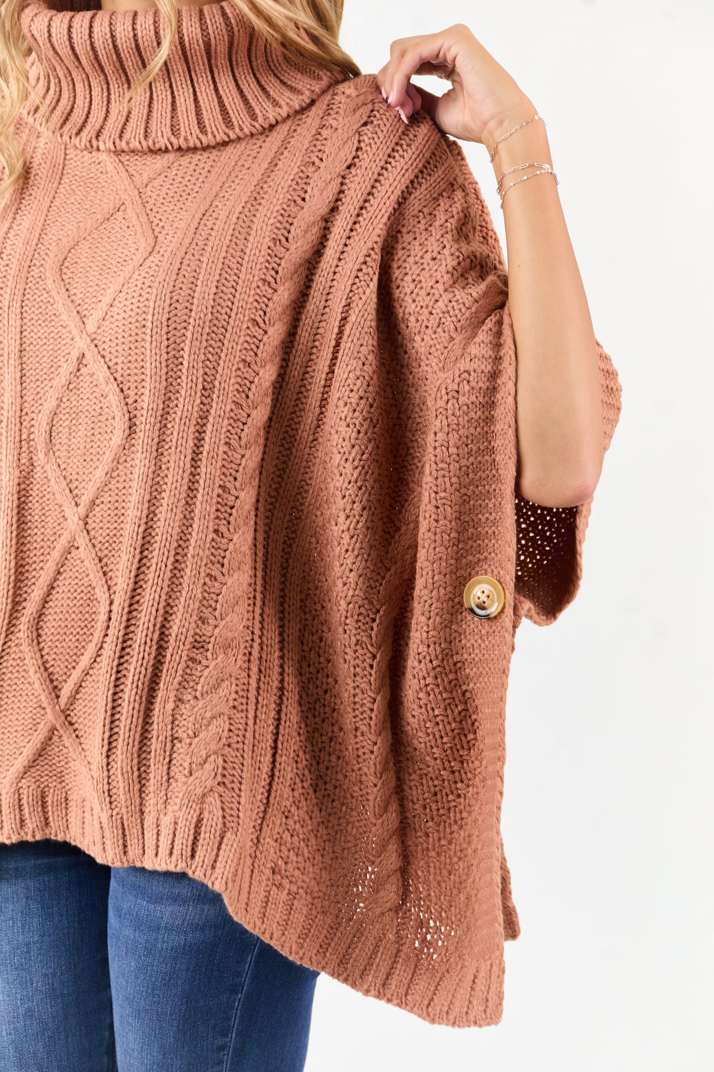Terracotta Cable Knit Turtleneck Sweater Poncho