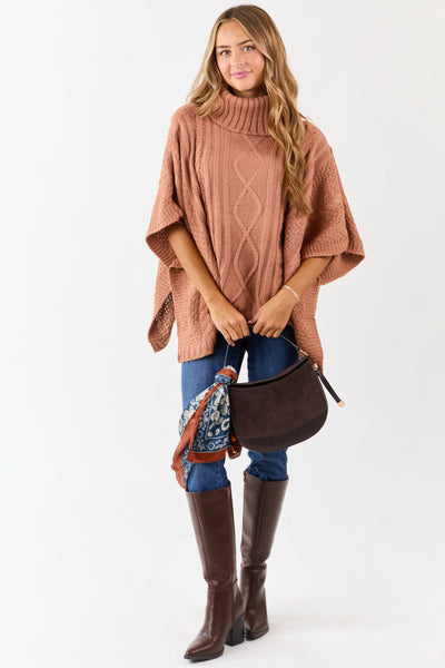 Terracotta Cable Knit Turtleneck Sweater Poncho