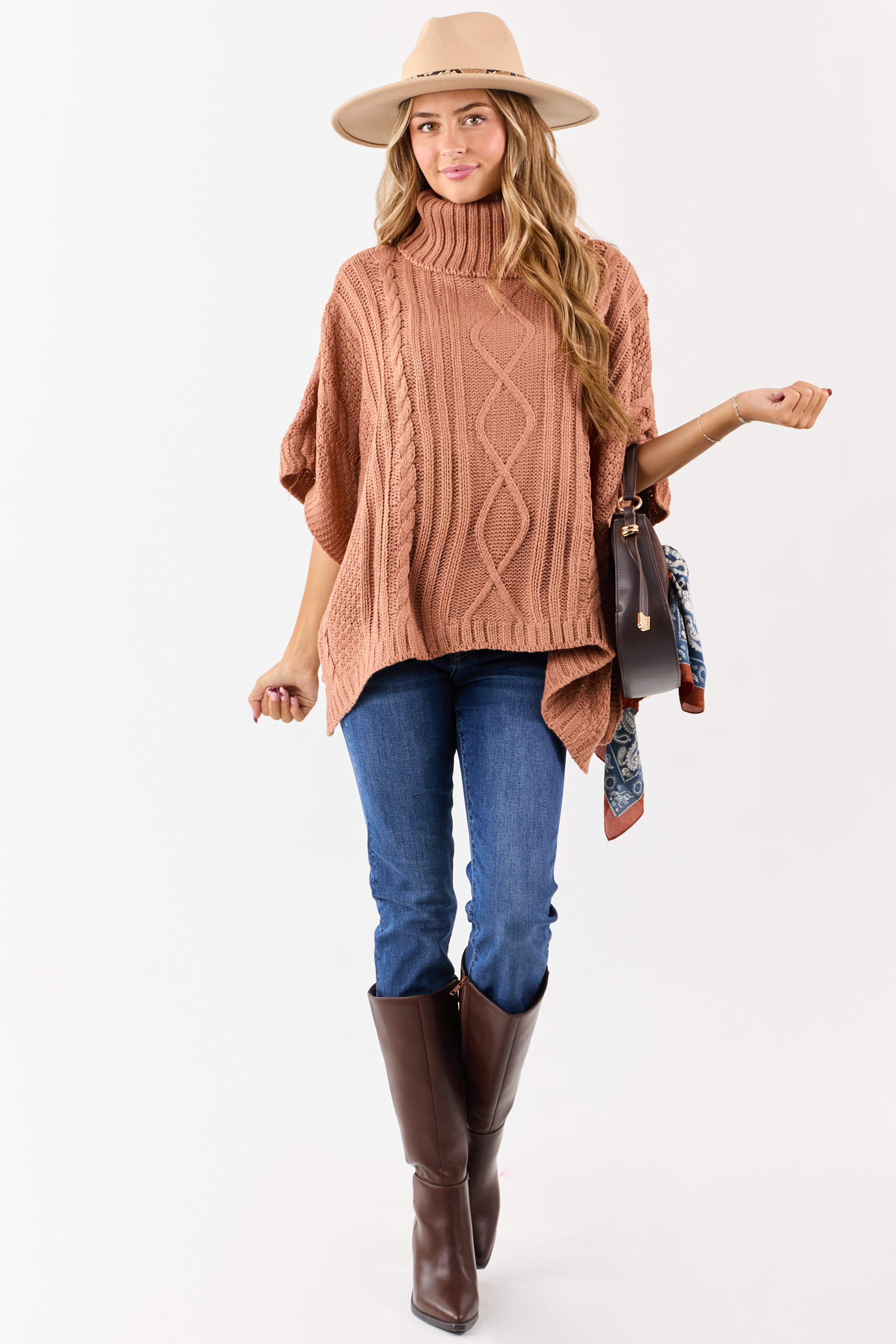 Terracotta Cable Knit Turtleneck Sweater Poncho