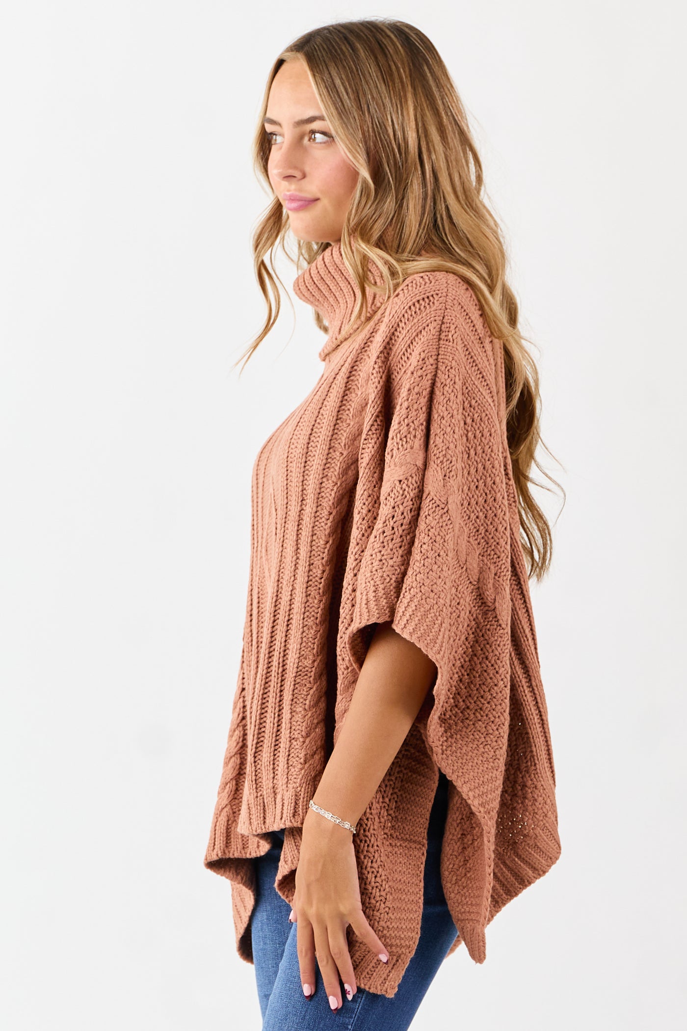 Terracotta Cable Knit Turtleneck Sweater Poncho