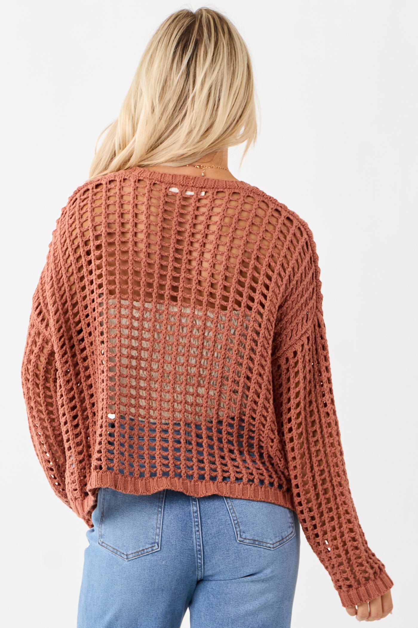 Terracotta Crochet Knit Open Front Cardigan