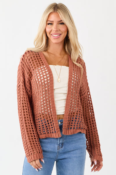 Terracotta Crochet Knit Open Front Cardigan | Lime Lush Boutique