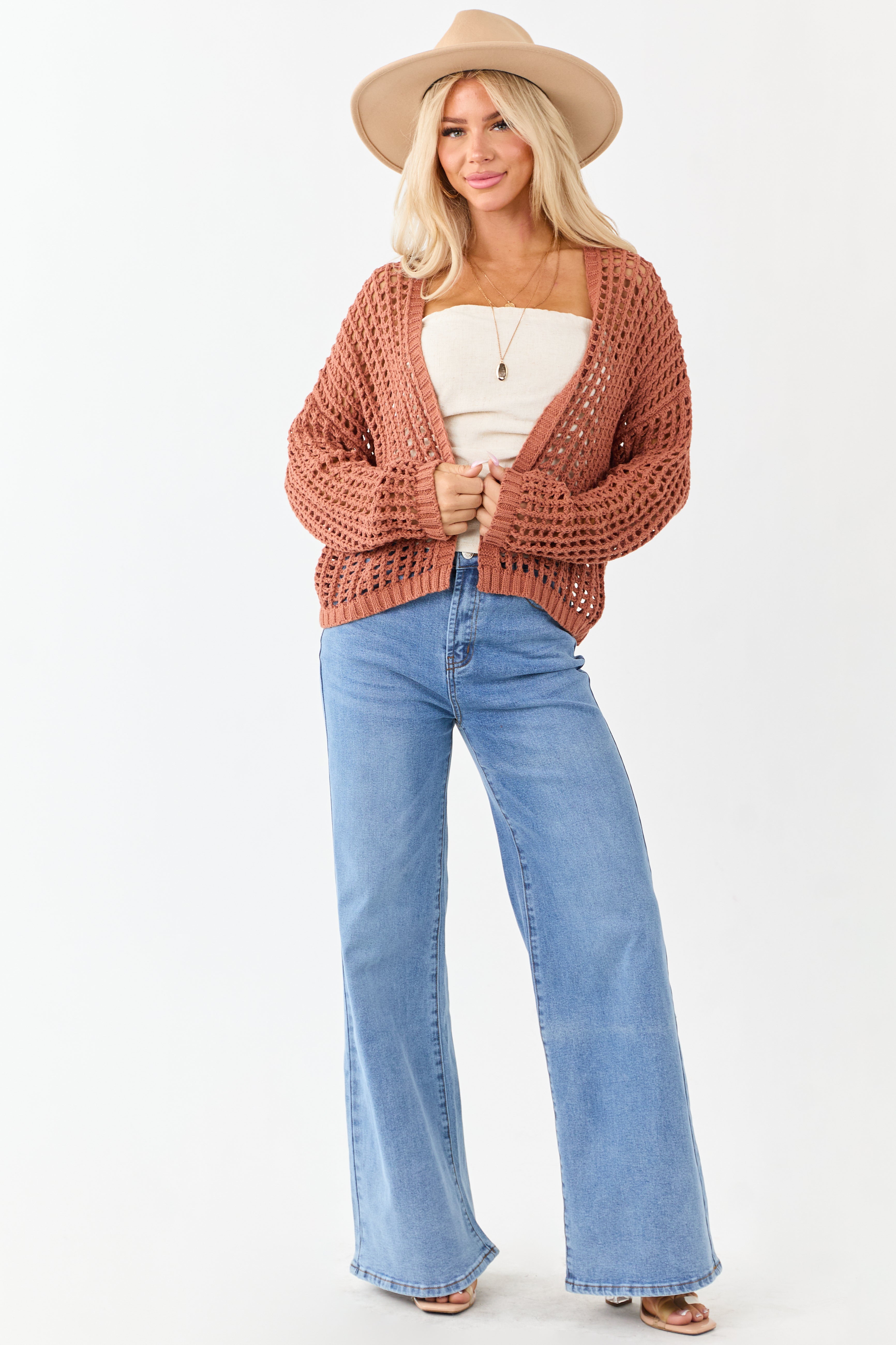 Terracotta Crochet Knit Open Front Cardigan