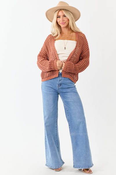 Terracotta Crochet Knit Open Front Cardigan