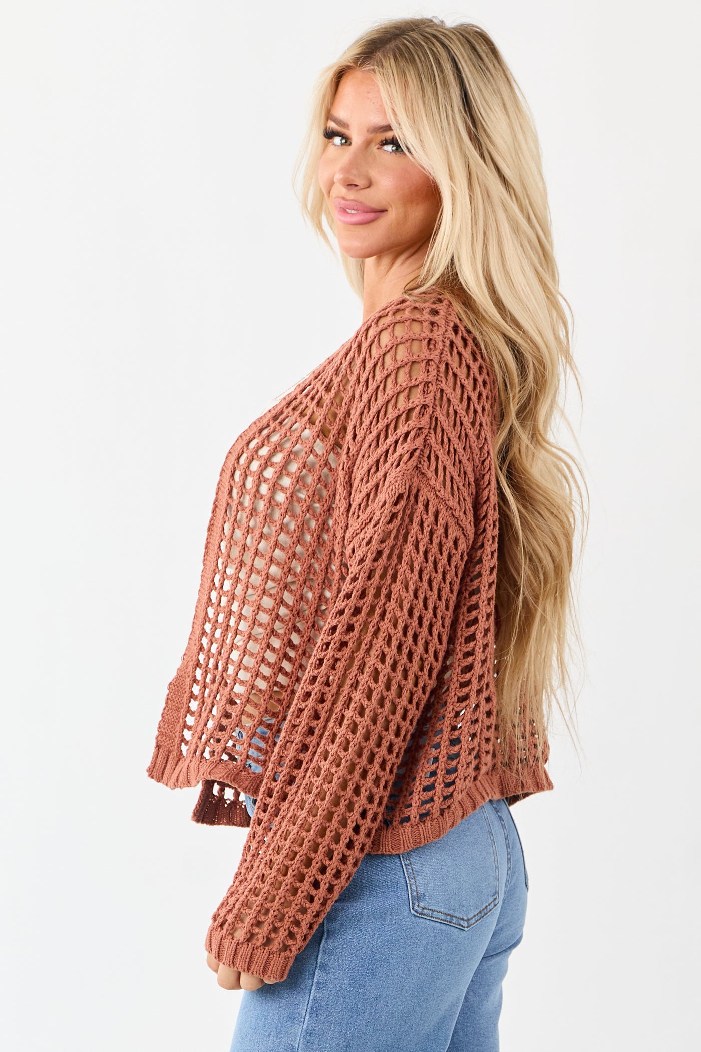 Terracotta Crochet Knit Open Front Cardigan