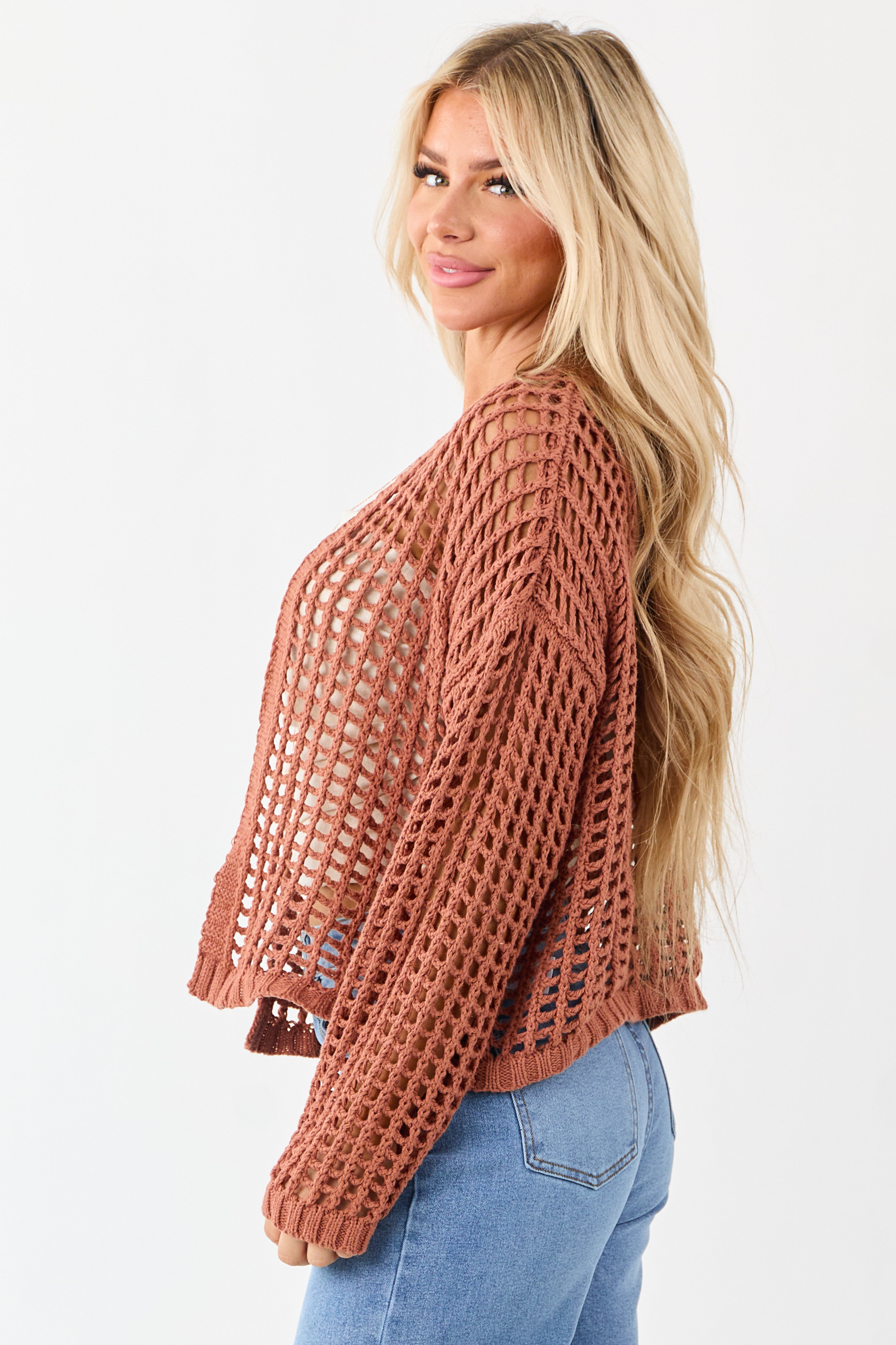 Terracotta Crochet Knit Open Front Cardigan