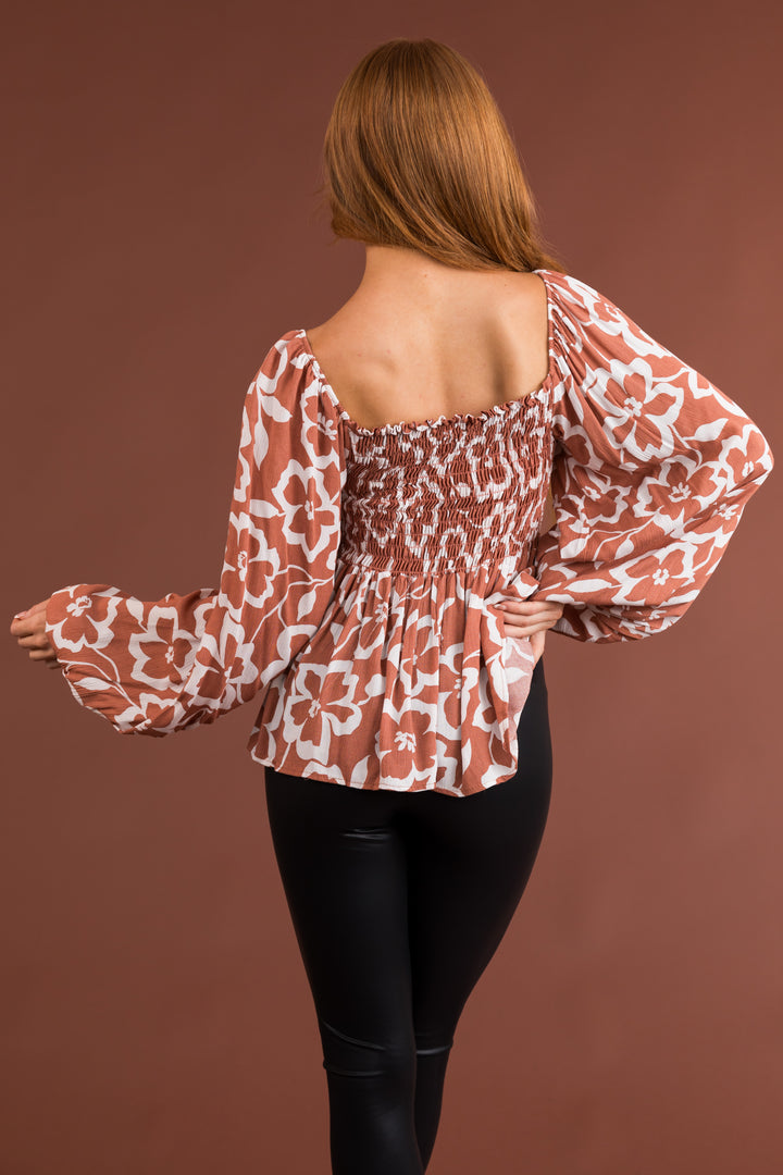 Terracotta Floral Square Neck Smocked Top