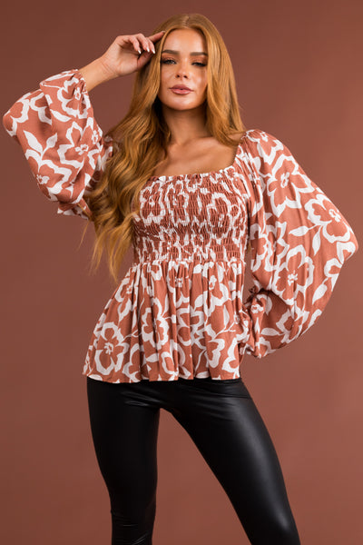 Terracotta Floral Square Neck Smocked Top